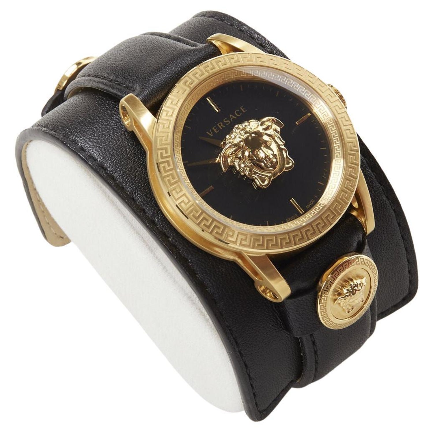 new VERSACE Palazzo Medusa black gold Greca convertible leather cuff wrist  watch For Sale at 1stDibs