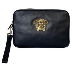 new VERSACE Medusa noir en cuir d'agneau pochette à fermeture éclair or