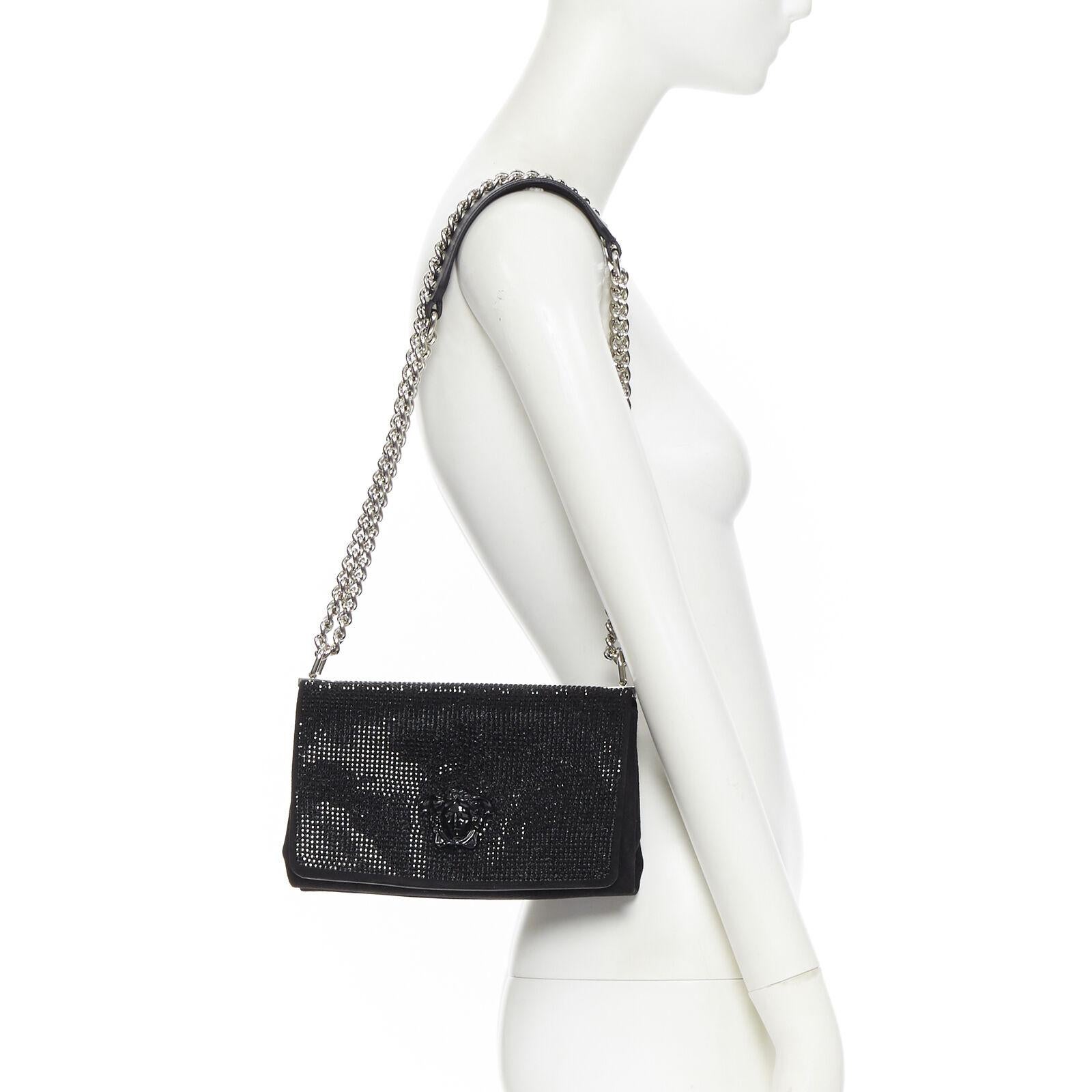 Black New Versace Palazzo Medusa black strass embellished flap silver chunky chain bag