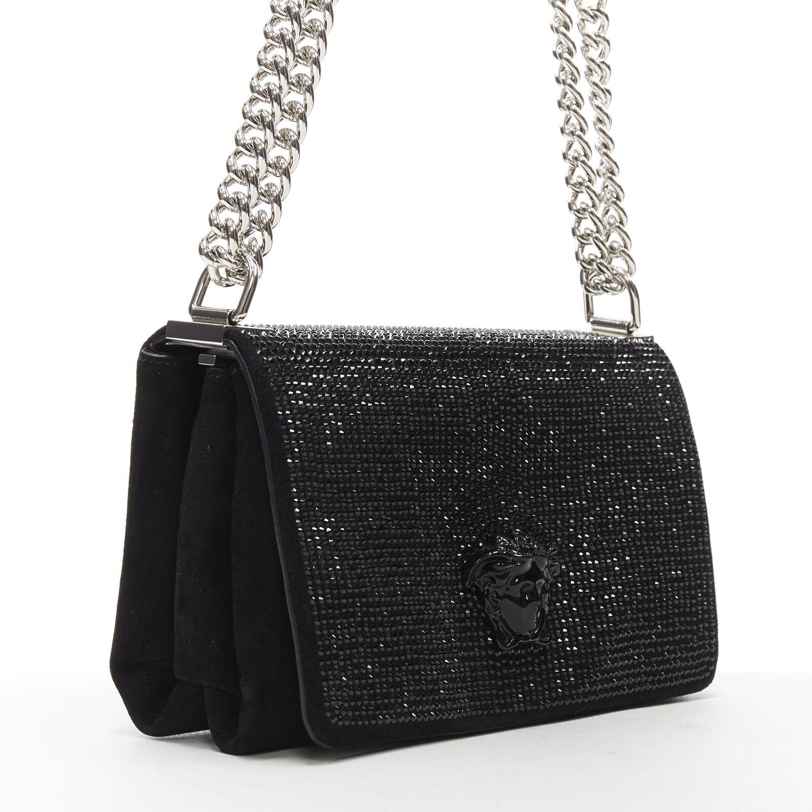 New Versace Palazzo Medusa black strass embellished flap silver chunky chain bag In New Condition In Montgomery, TX