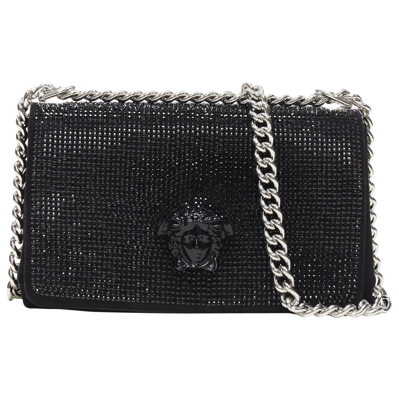 New Versace Palazzo Medusa black strass embellished flap silver chunky chain bag