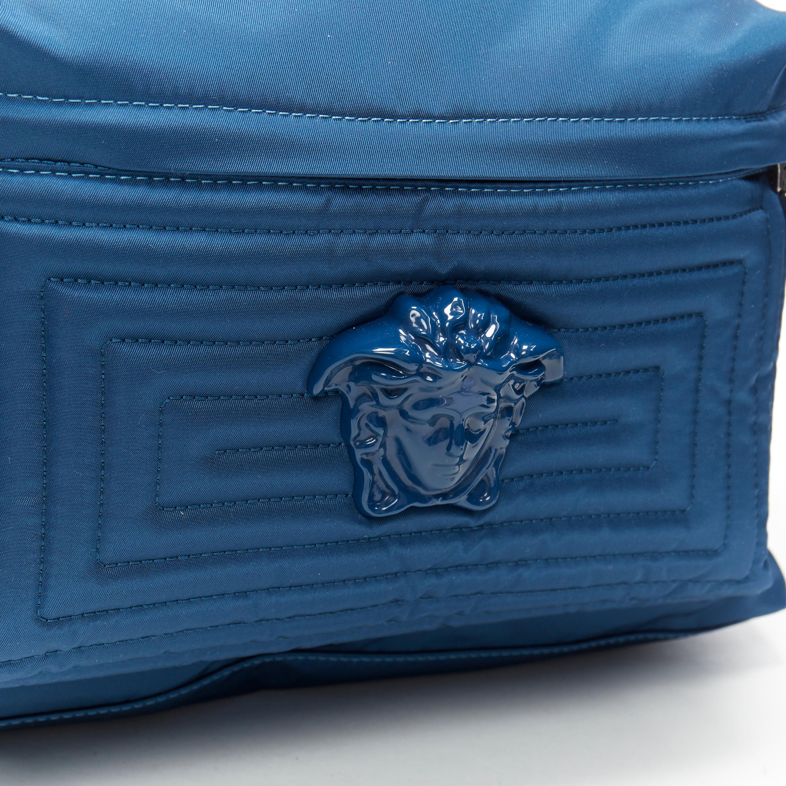 new VERSACE Palazzo Medusa blue nylon Greca stitch front pocket backpack In New Condition In Hong Kong, NT