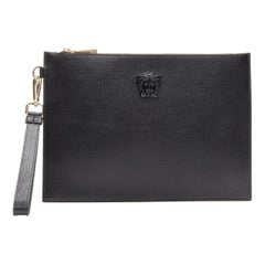 new VERSACE Palazzo Medusa emblem black saffiano leather zip pouch clutch
