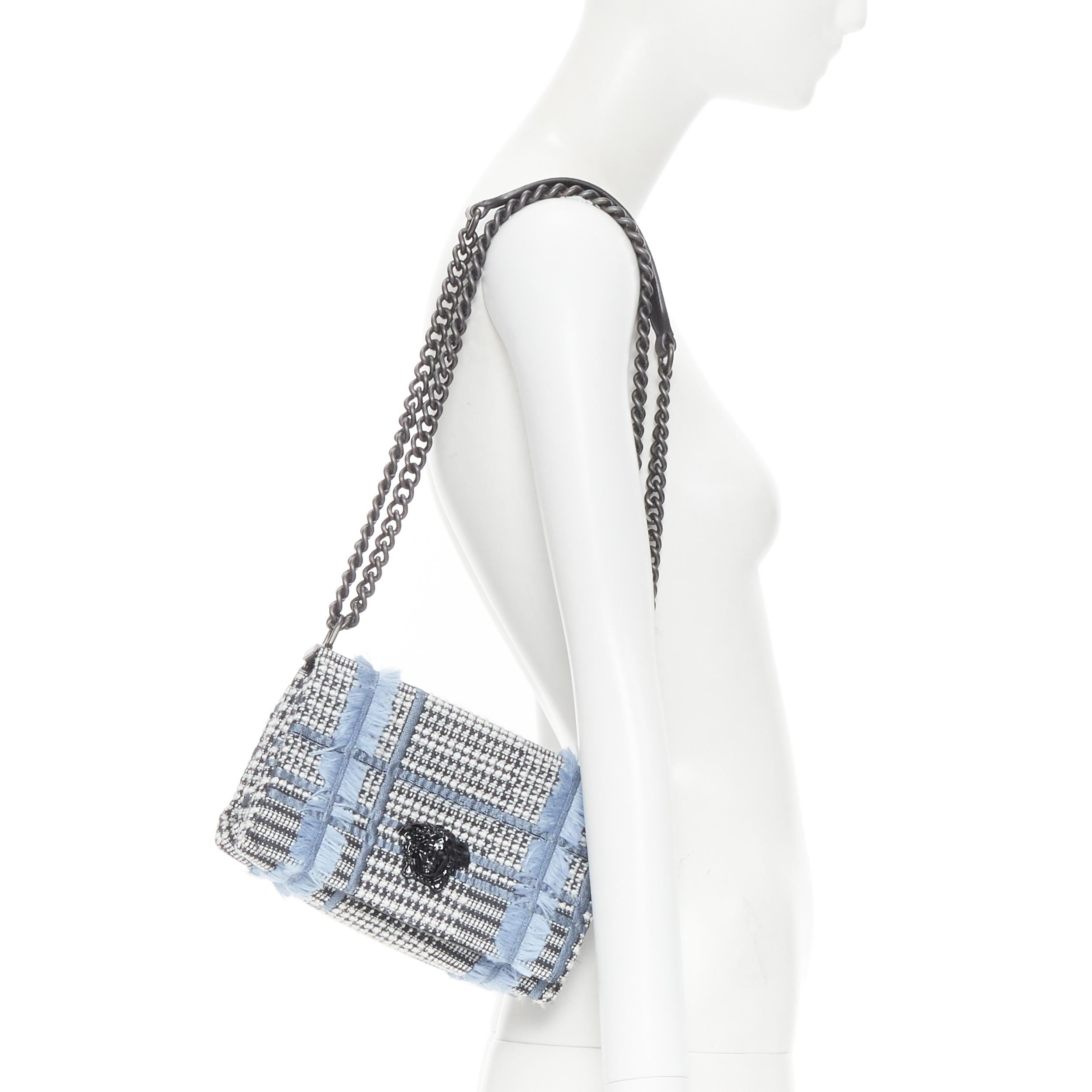 new VERSACE Palazzo Medusa grey blue tweed chunky chain crossbody flap bag 
Reference: TGAS/B01136 
Brand: Versace 
Designer: Donatella Versace 
Model: Palazzo Flap shoulder bag 
Material: Tweed 
Color: Blue 
Pattern: Check 
Closure: Clasp 
Extra