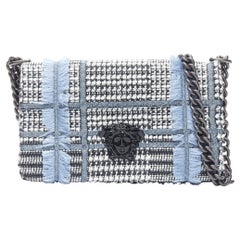 new VERSACE Palazzo Medusa grey blue tweed chunky chain crossbody flap bag
