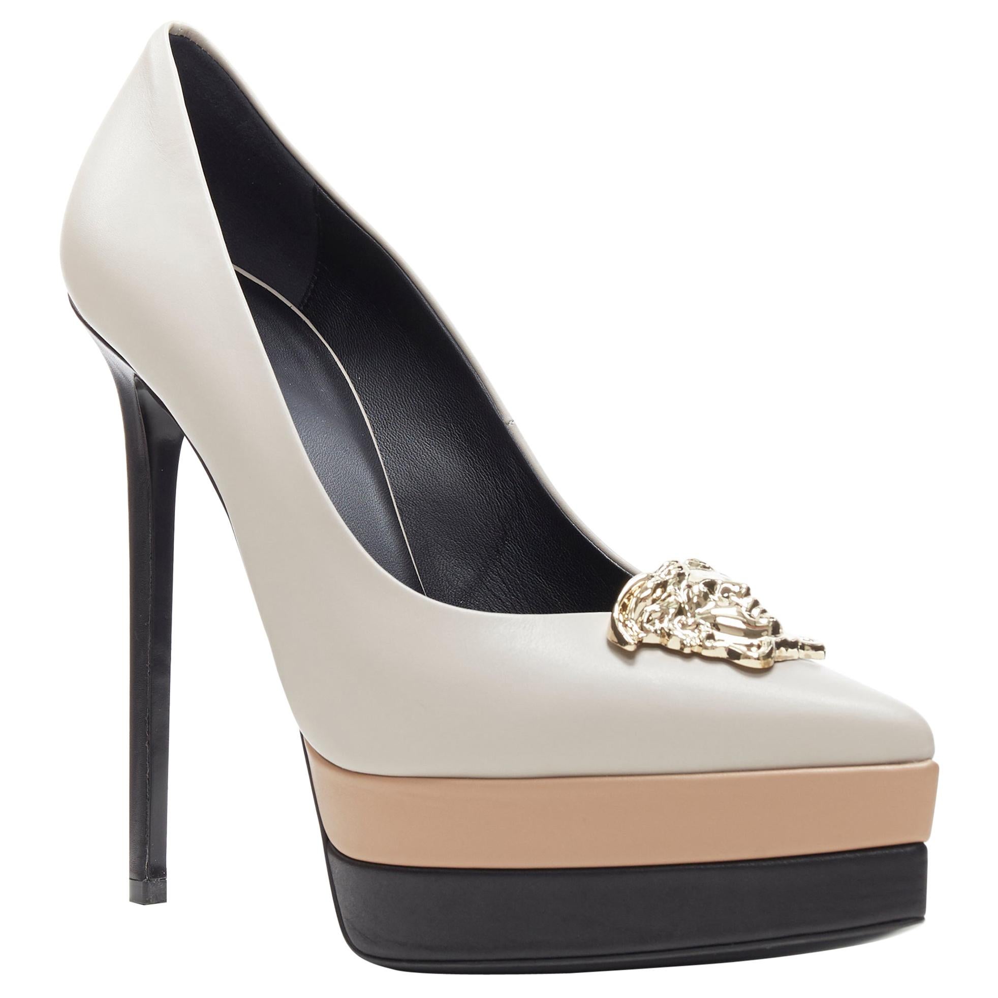 new VERSACE Palazzo Medusa grey nude black triple platform point pumps EU39