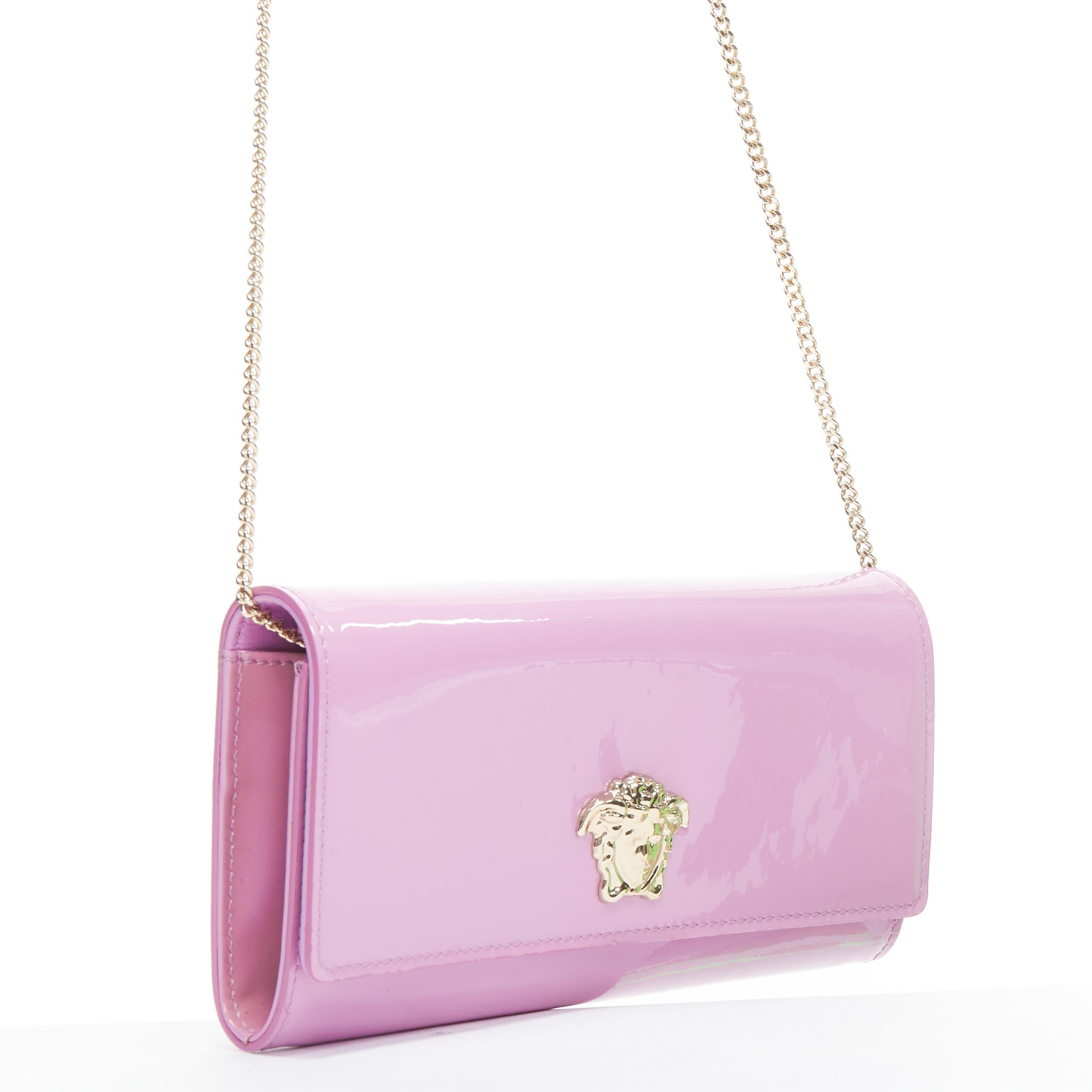 Pink new VERSACE Palazzo Medusa lilac purple patent gold wallet chain crossbody bag