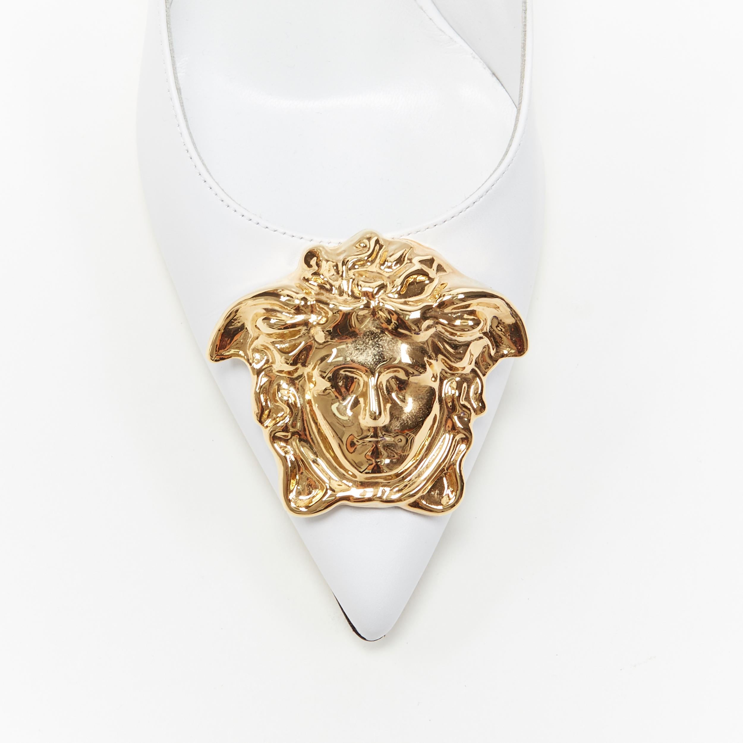Women's new VERSACE Palazzo Medusa white leather gold pointed toe metal heel pump EU39