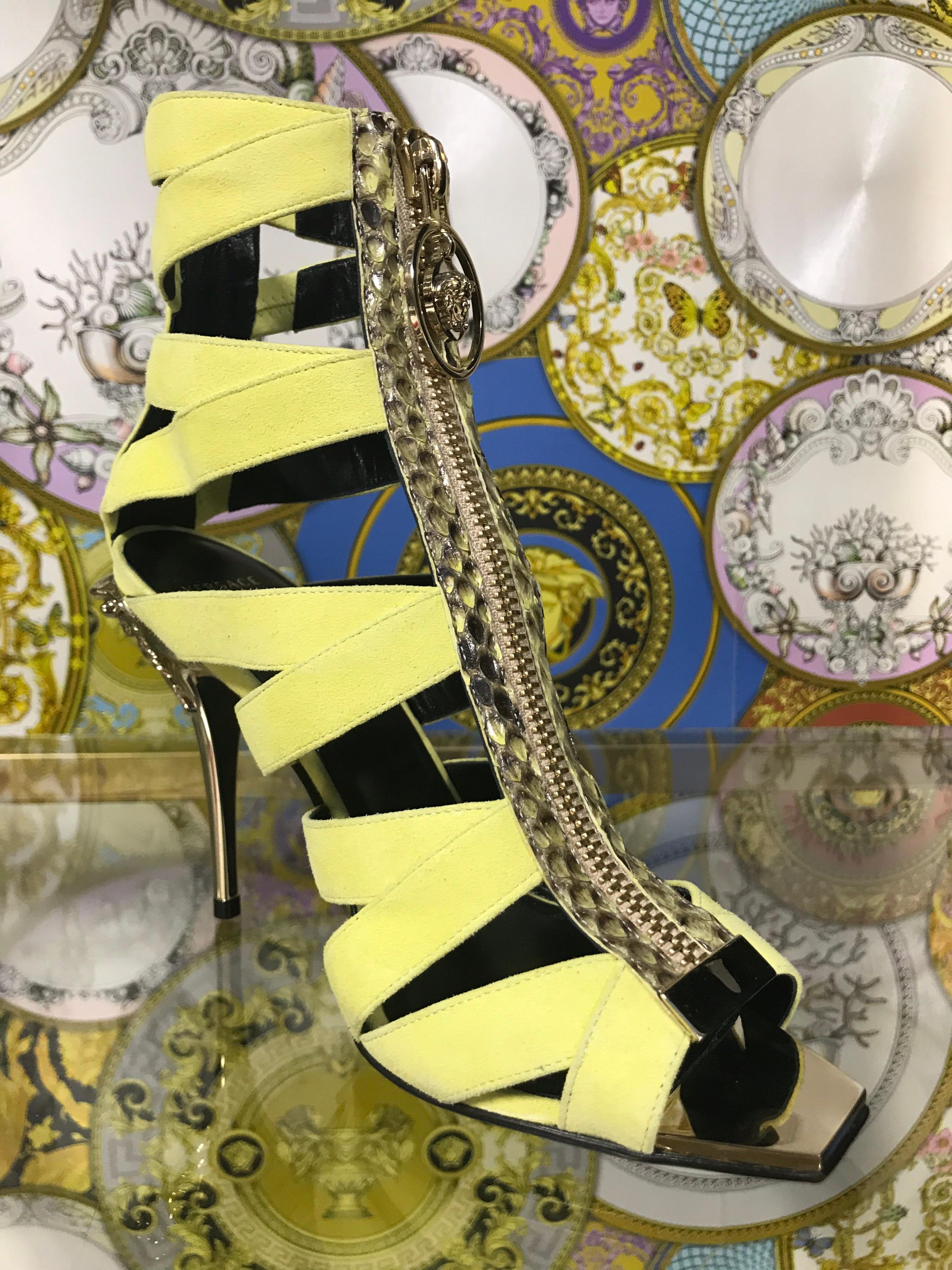 Yellow New VERSACE Palazzo Suede Leather Gladiator Sandals