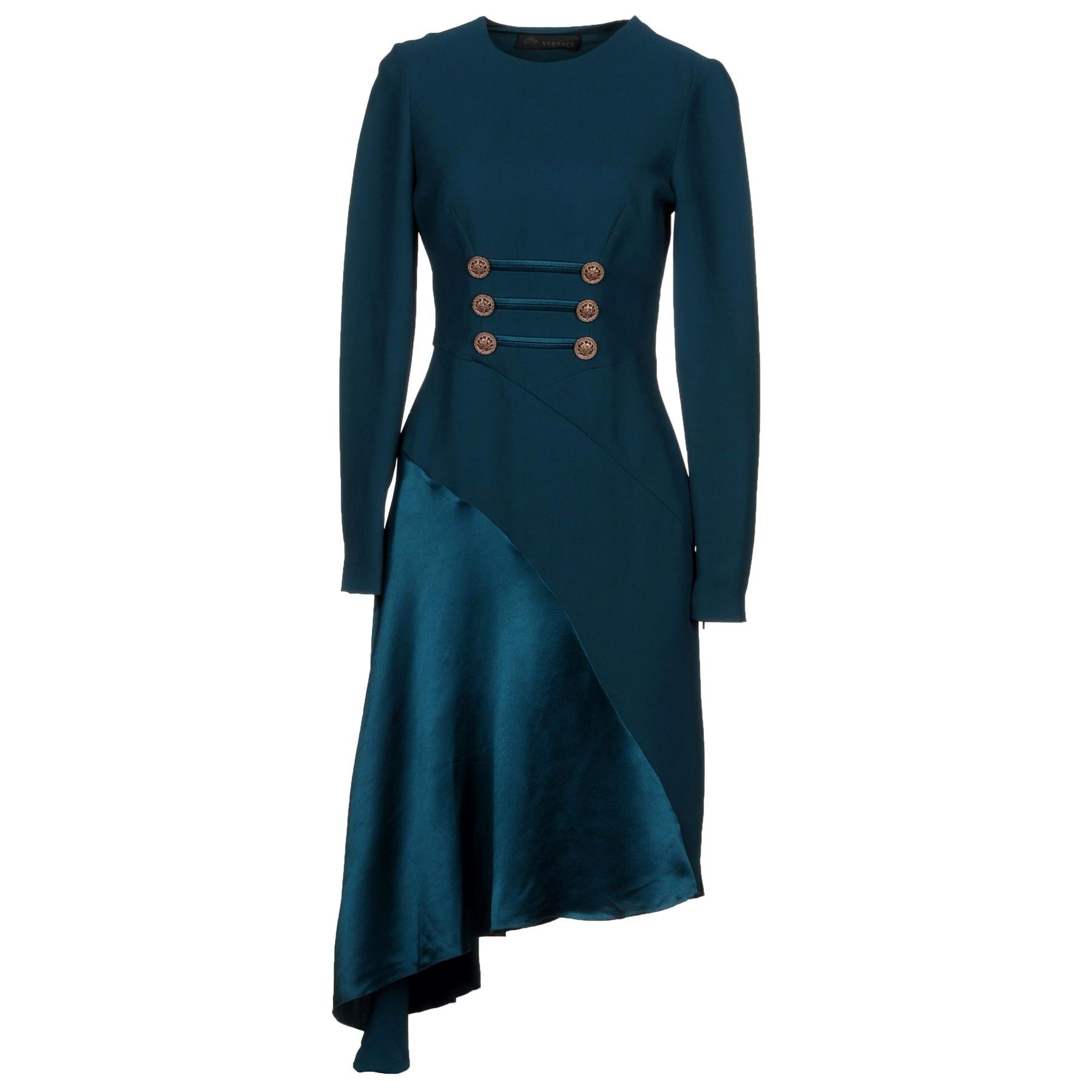 New Versace Petrol Blue Silk Military Inspired Dress For Sale