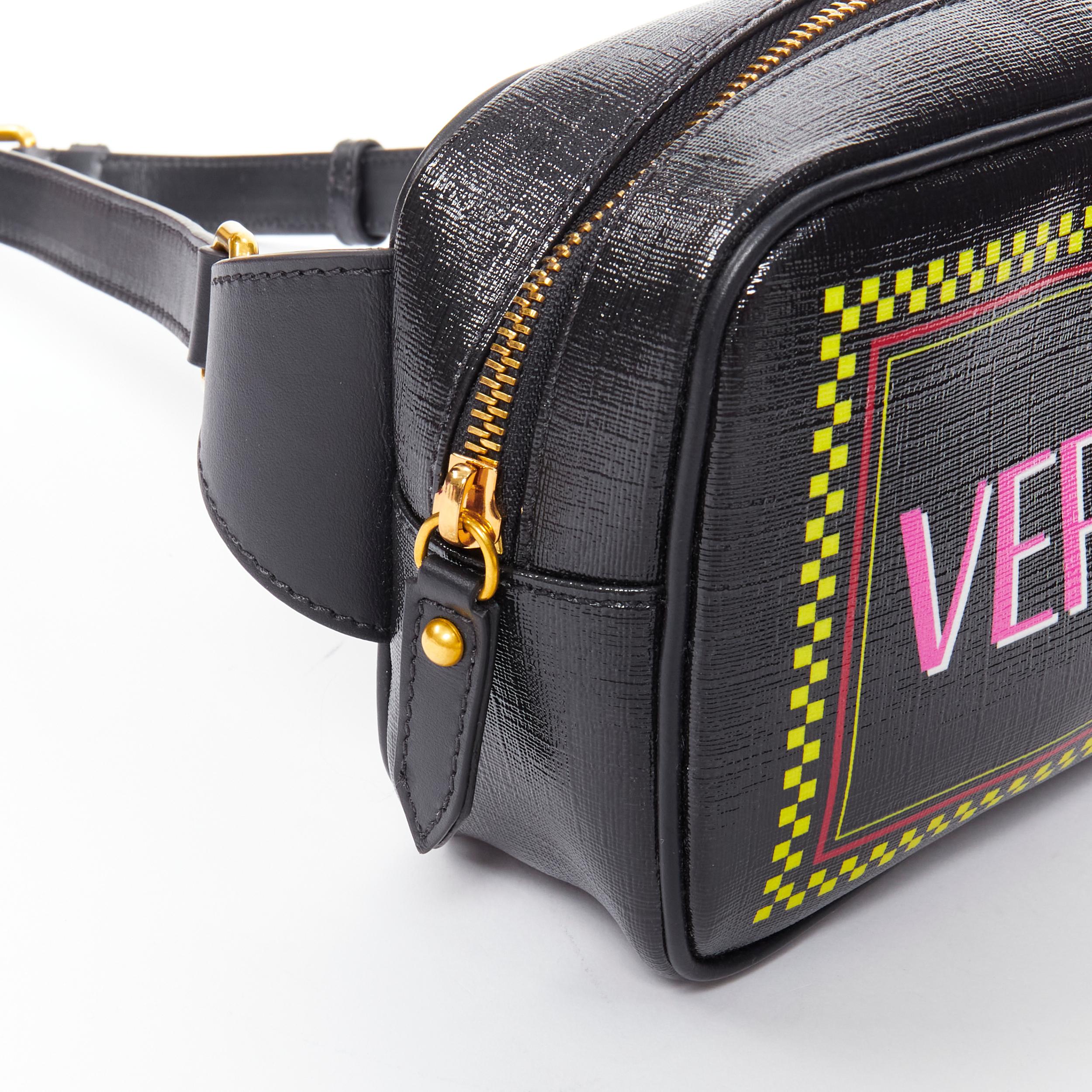 new VERSACE pink 90's logo black glossy saffiano leather crossbody belt bag 2