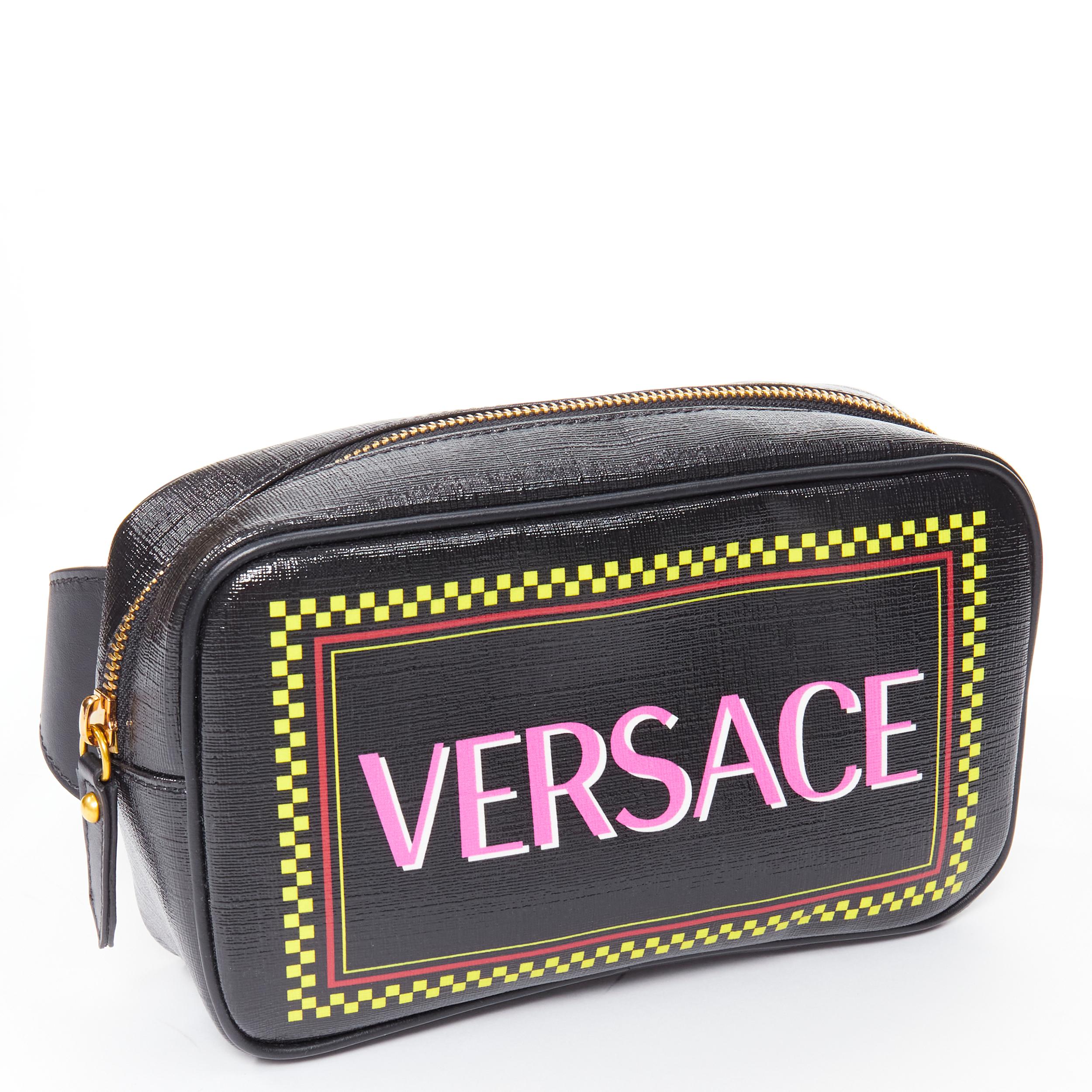 new VERSACE pink 90's logo black glossy saffiano leather crossbody belt bag 1