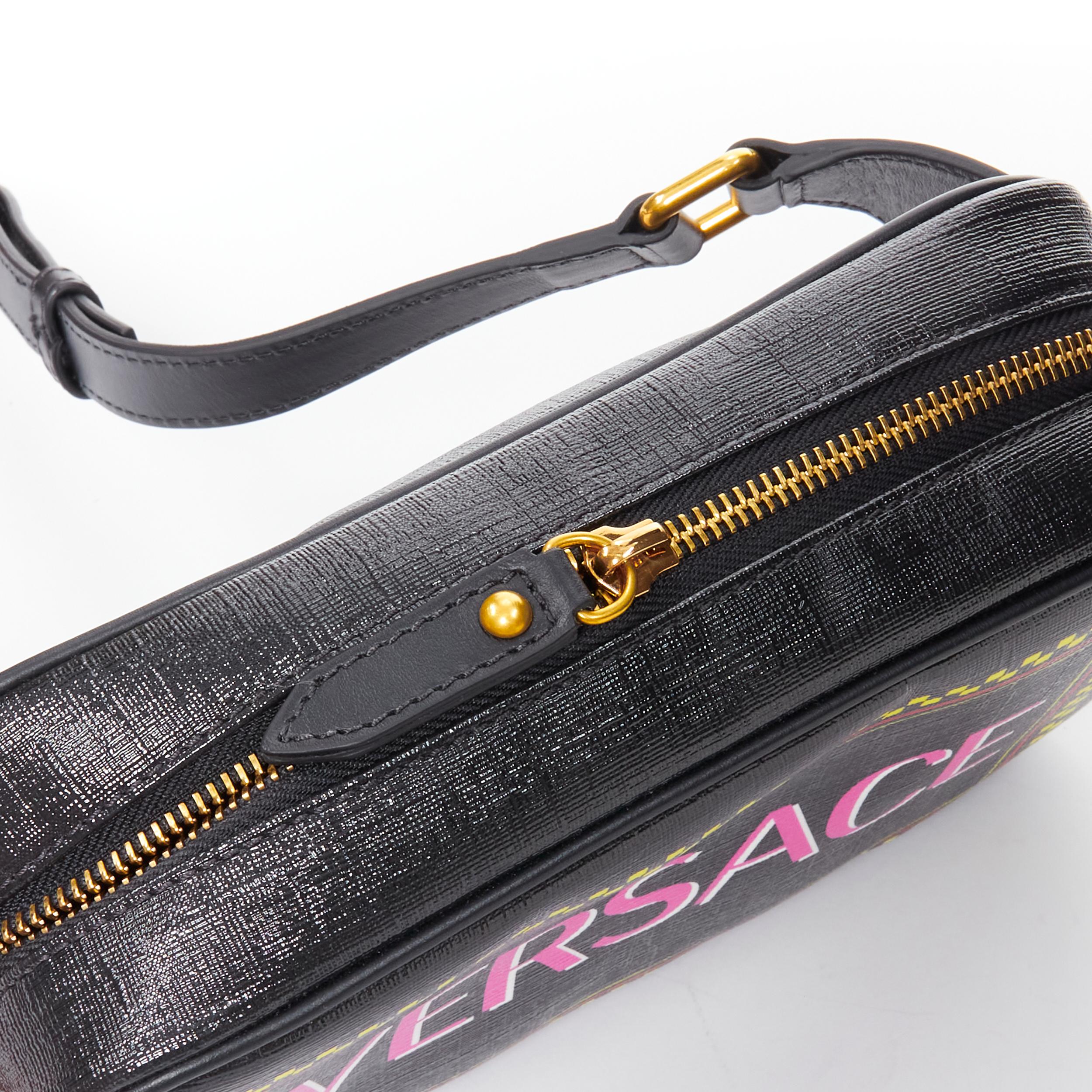 new VERSACE pink 90's logo black glossy saffiano leather crossbody belt bag 4