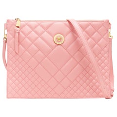new VERSACE pink quilted lamb leather gold Medusa top zip clutch crossbody bag