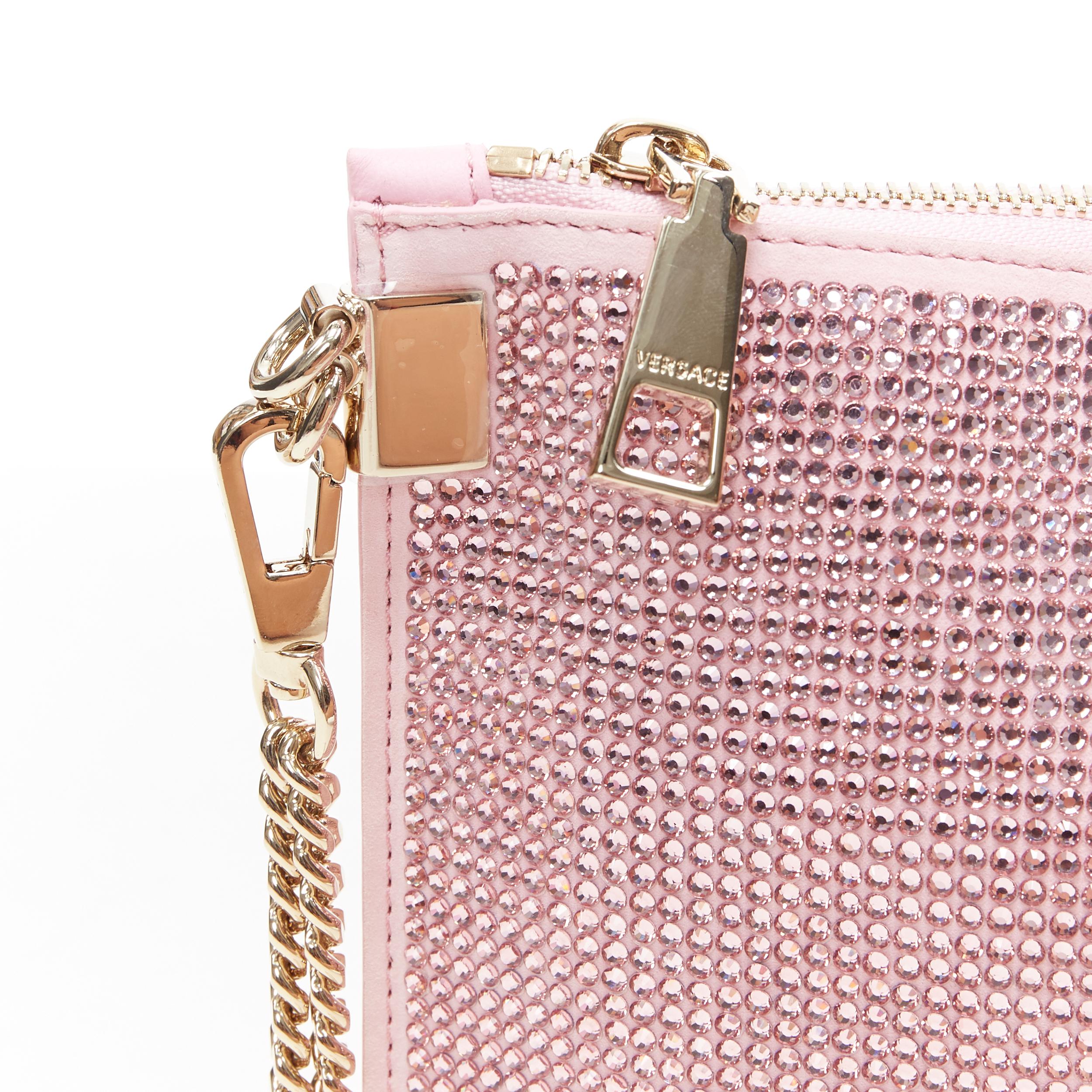 Beige new VERSACE pink strass crystal gold Medusa chain wristlet clutch shoulder bag
