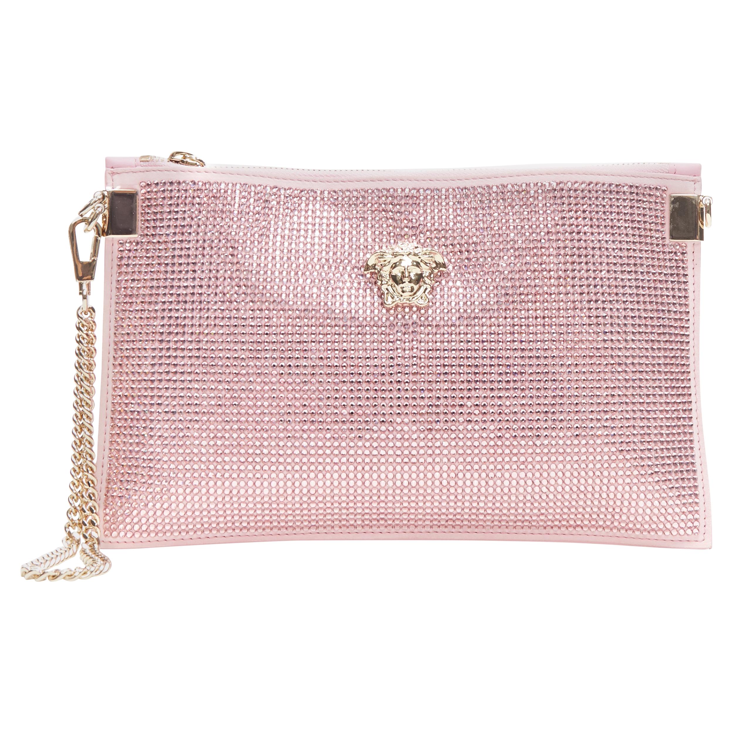 new VERSACE pink strass crystal gold Medusa chain wristlet clutch shoulder bag