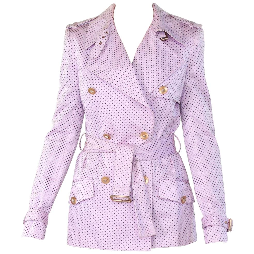 New VERSACE Polka Dot Pink Belted Trench Coat  For Sale