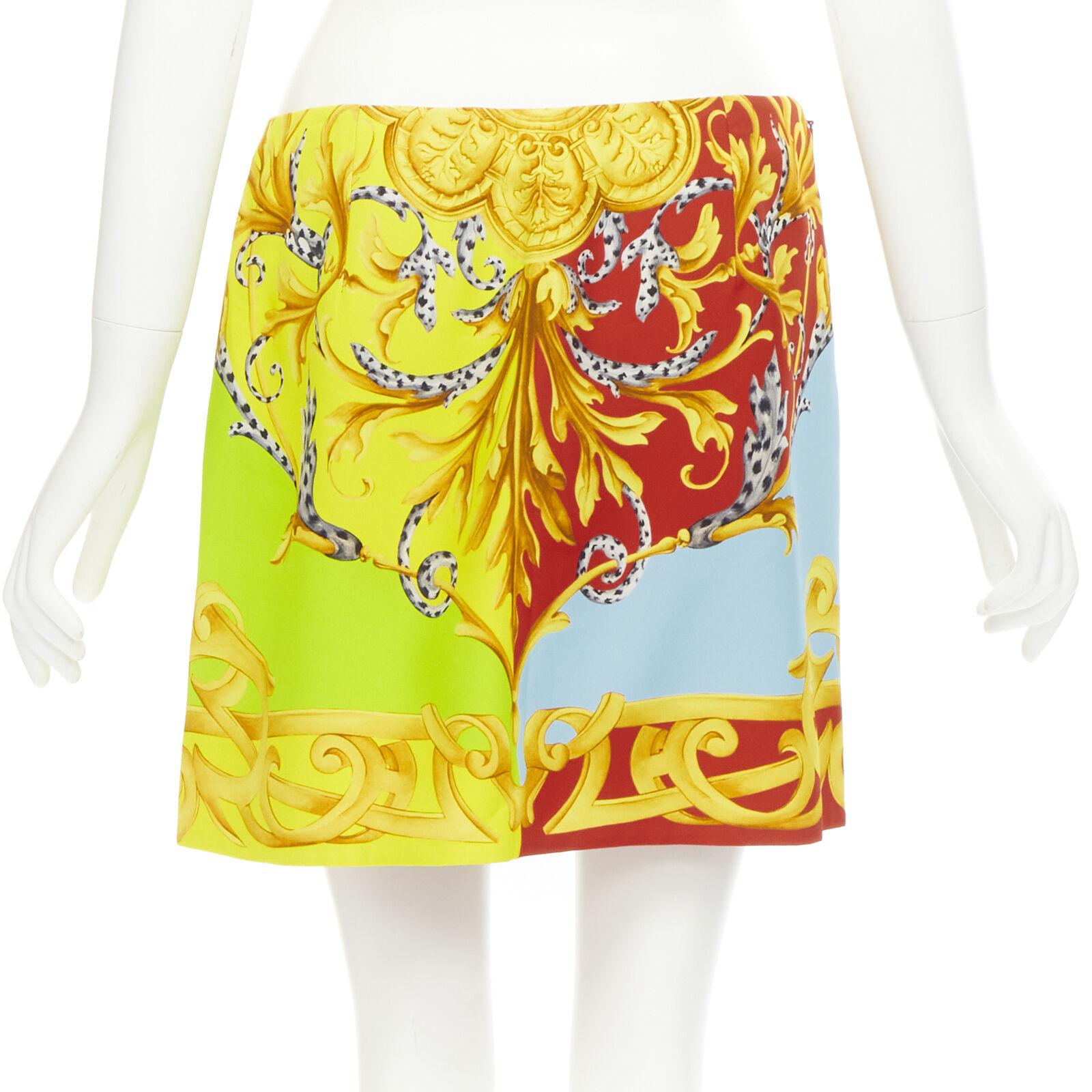 Women's new VERSACE Pop Acantus Barocco gold Medusa safety pin slit mini skirt IT42 M For Sale