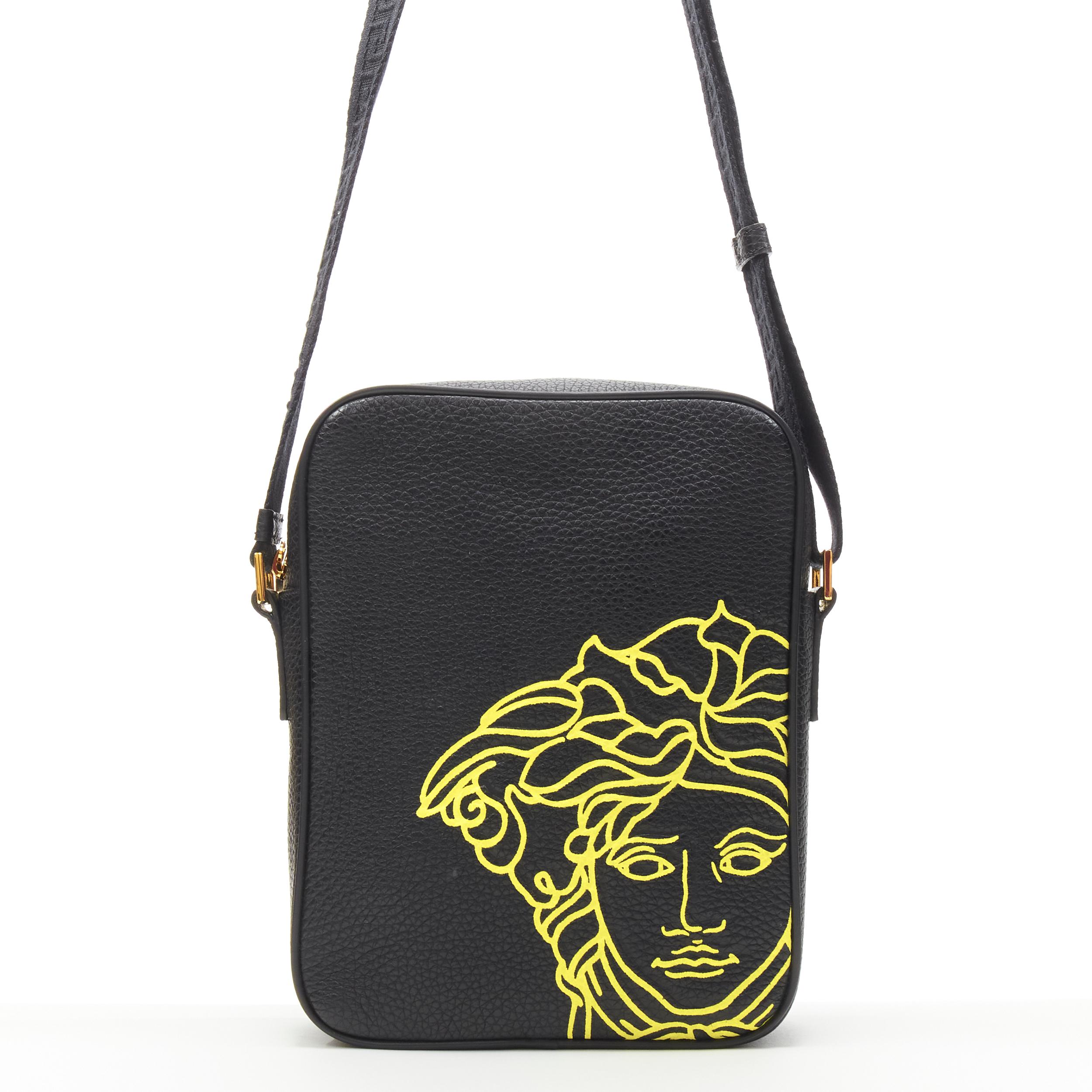 new VERSACE Pop Medusa black yellow calf Greca nylon strap crossbody bag In New Condition In Hong Kong, NT