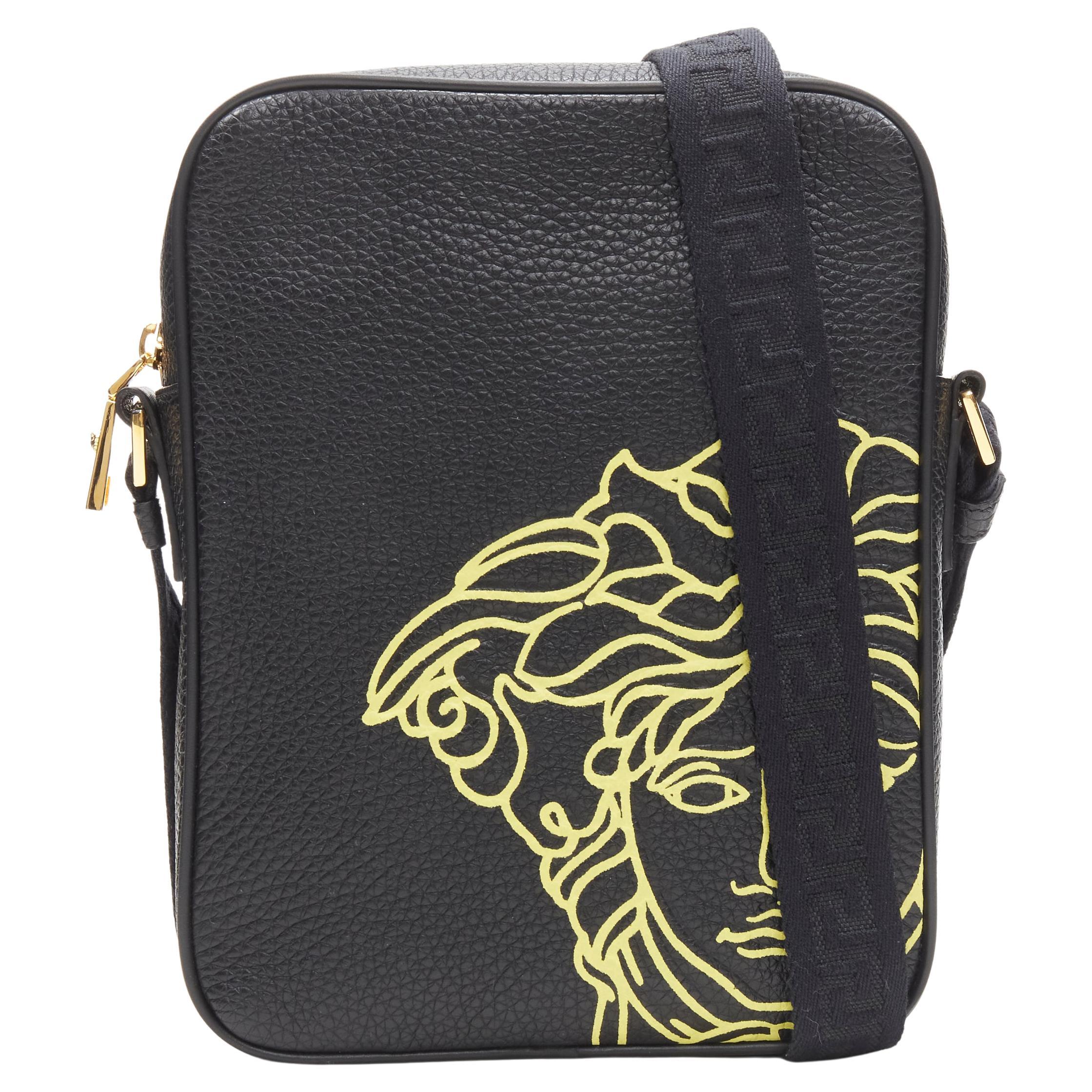 new VERSACE Pop Medusa black yellow calf Greca nylon strap crossbody bag