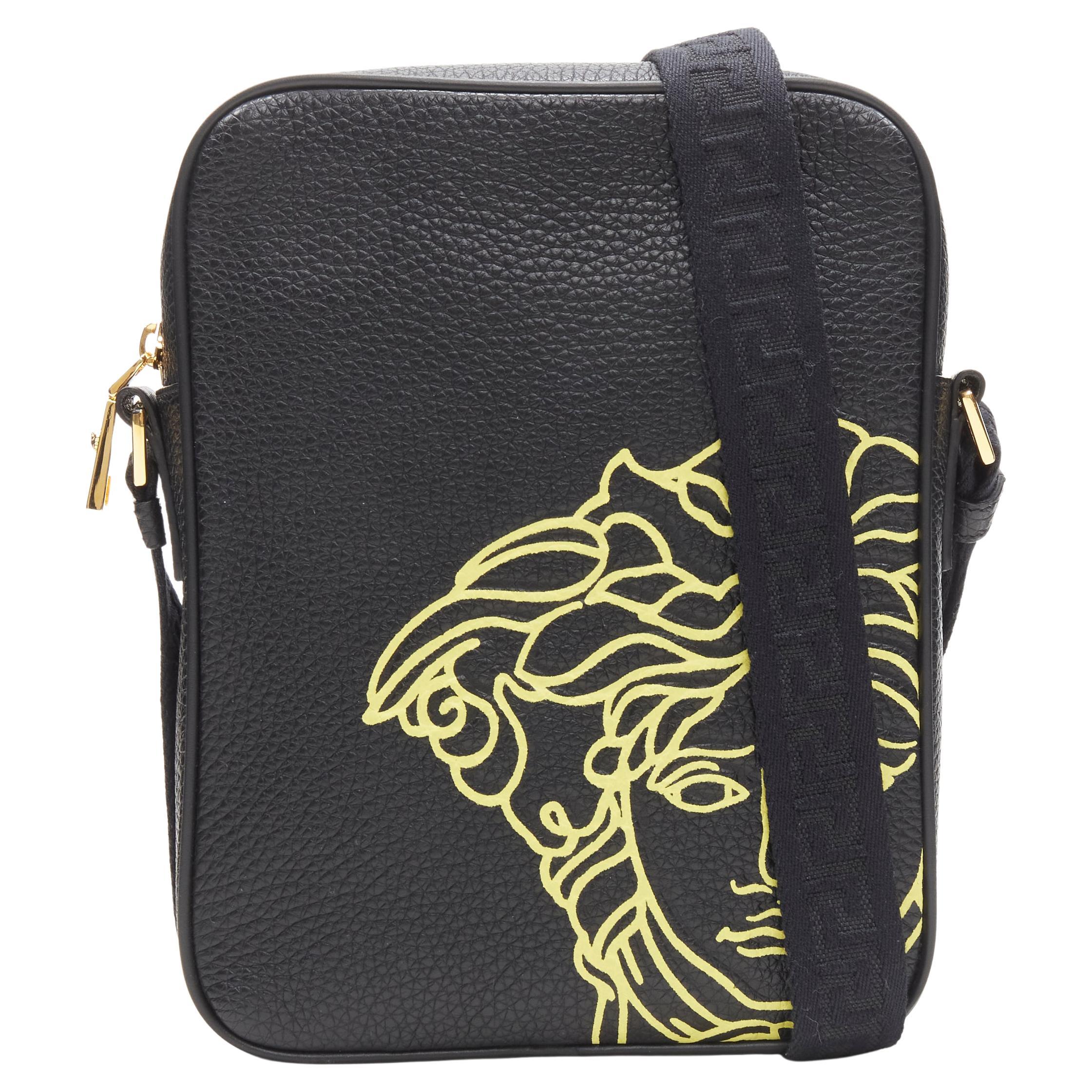 new VERSACE Pop Medusa black yellow calf leather Greca crossbody messenger bag For Sale