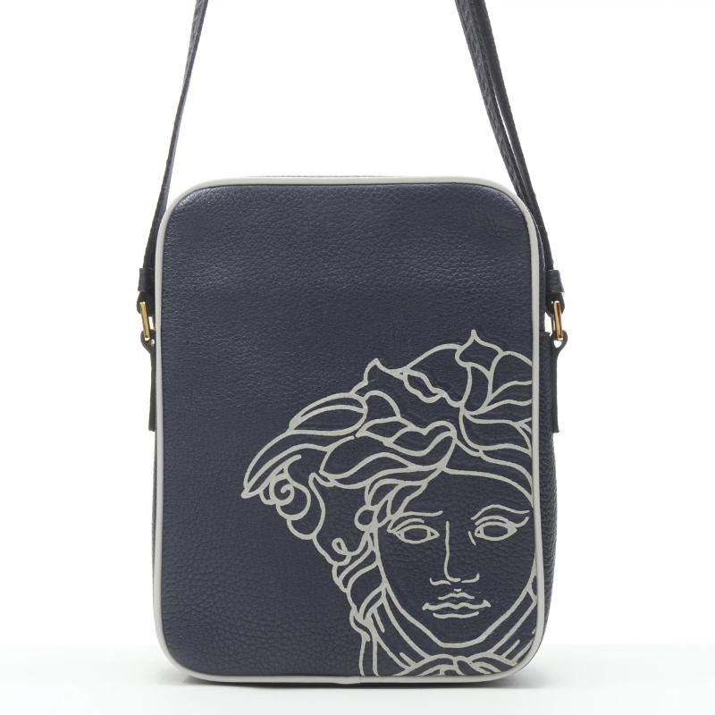 Black new VERSACE Pop Medusa navy grey calf leather Greca crossbody messenger bag For Sale