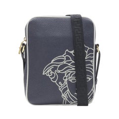 new VERSACE Pop Medusa navy grey calf leather Greca crossbody messenger bag