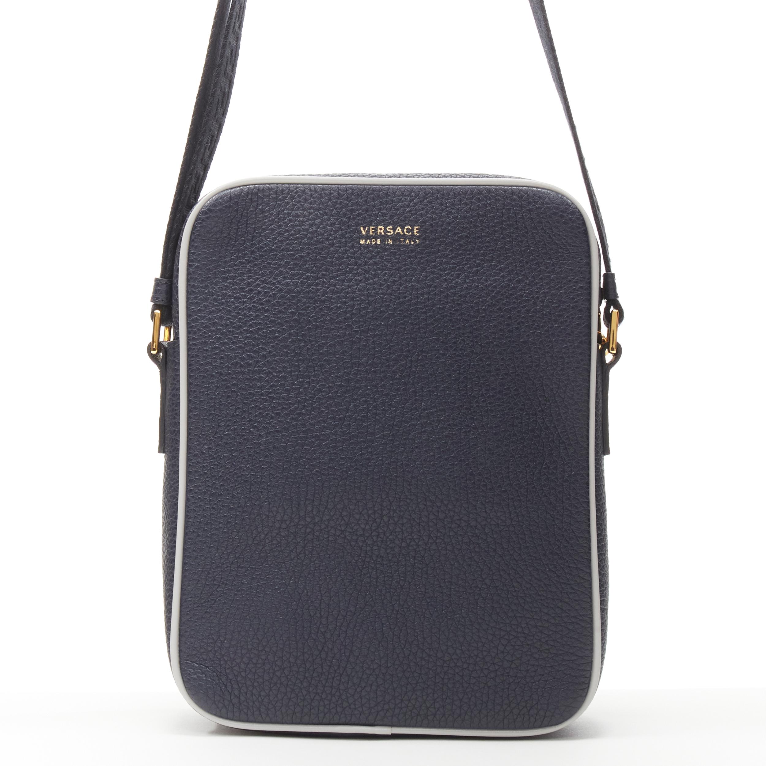 new VERSACE Pop Medusa navy grey calf leather Greca strap crossbody bag In New Condition In Hong Kong, NT