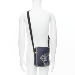 neu VERSACE Pop Medusa navy grau Leder Nylonband Crossbody Messenger Bag