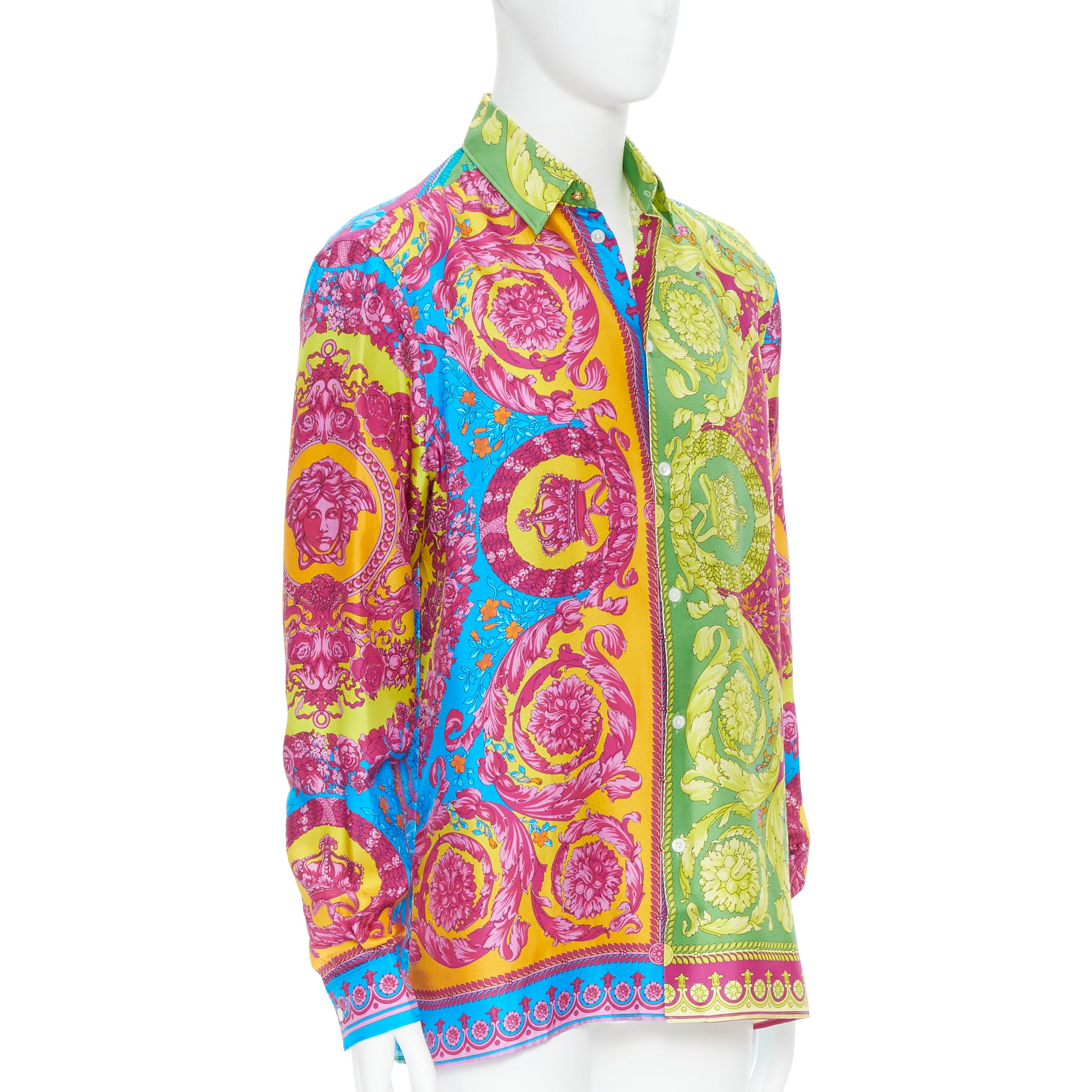 new VERSACE Pop Neon Barocco Technicolor baroque print silk shirt EU39 M 
Reference: TGAS/B01479 
Brand: Versace 
Designer: Donatella Versace 
Material: Silk 
Color: Multicolour 
Pattern: Floral 
Closure: Button 
Extra Detail: Gold Medusa button at