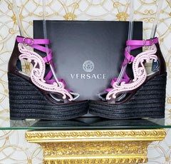 NEW VERSACE PURPLE LEATHER and PINK LACE WEDGE SANDALS 37, 37.5, 38.5