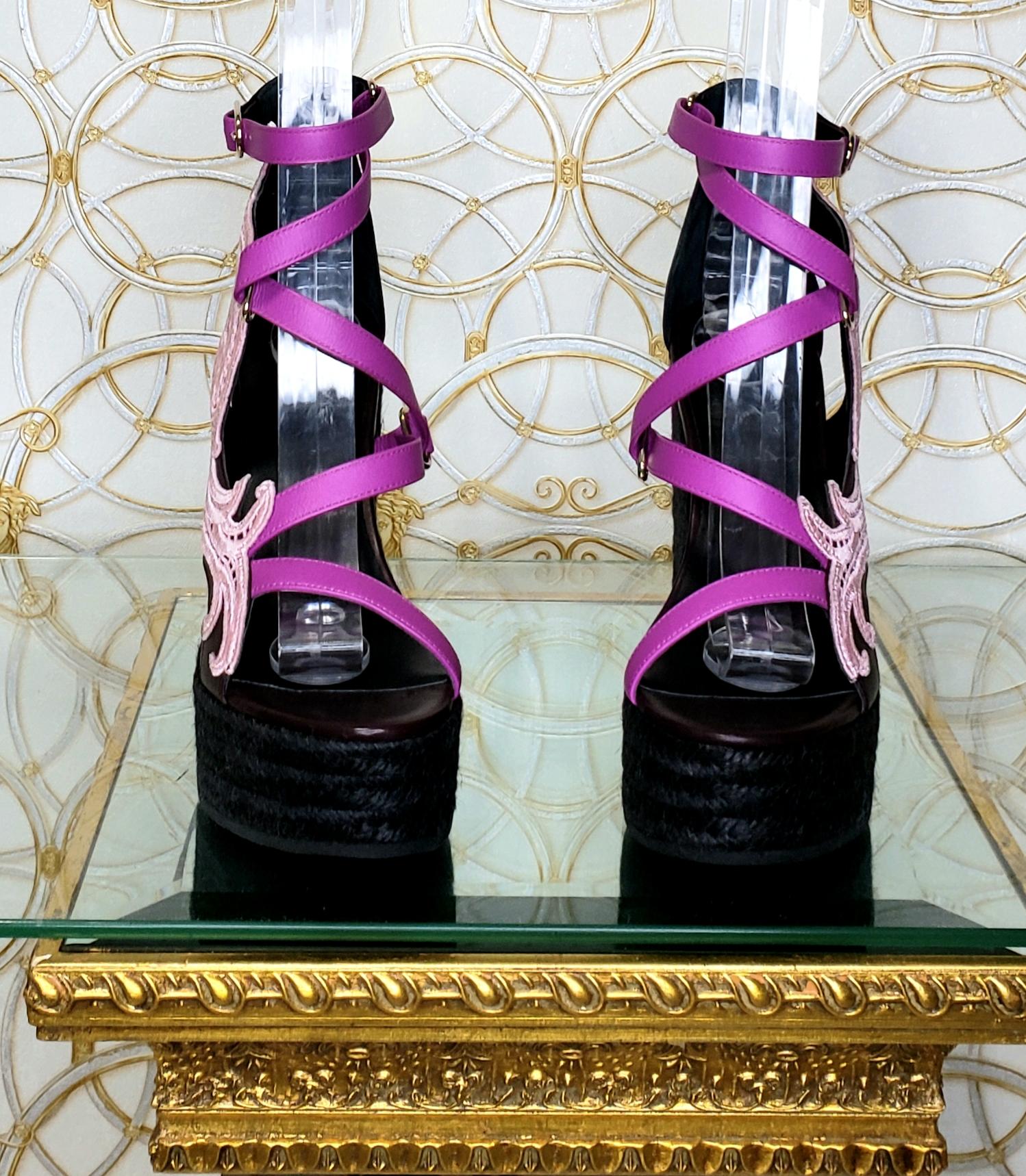 Women's NEW VERSACE PURPLE LEATHER and PINK LACE WEDGE SANDALS 37, 37.5, 38.5 For Sale