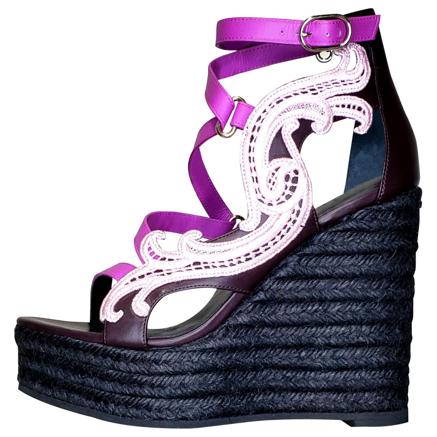 NEW VERSACE PURPLE LEATHER and PINK LACE WEDGE SANDALS 37, 37.5, 38.5 For Sale
