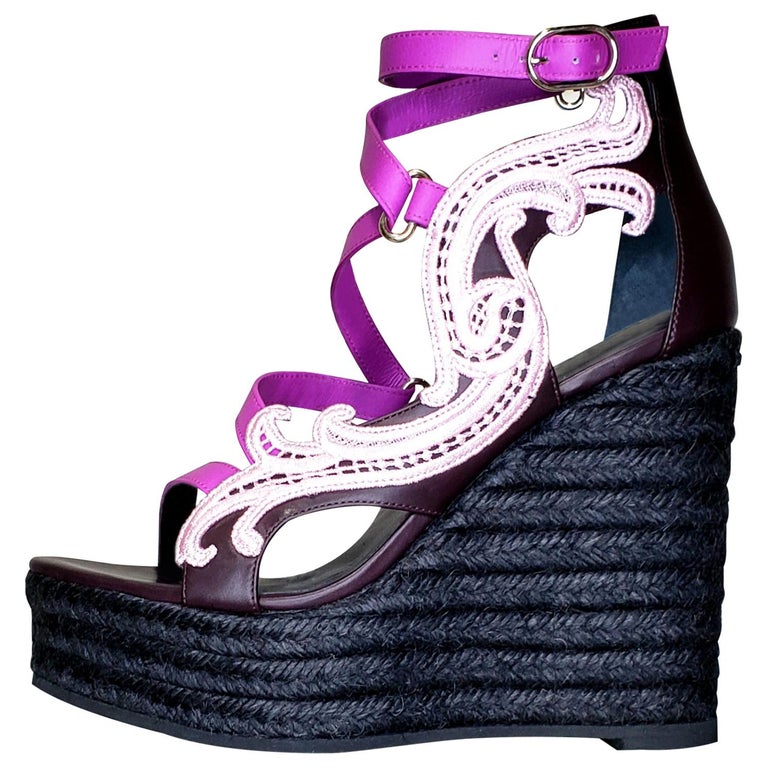 NEW VERSACE PURPLE LEATHER and PINK LACE WEDGE SANDALS 37, 37.5, 38.5 For  Sale at 1stDibs