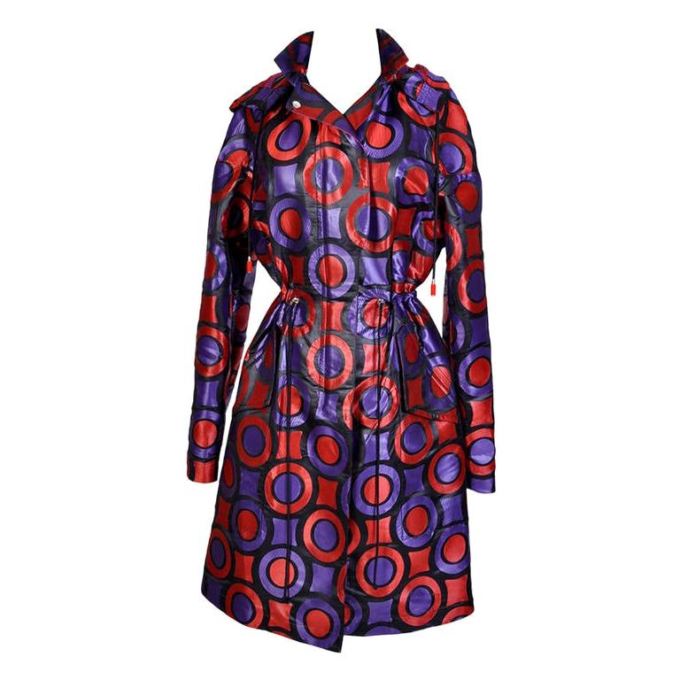 New VERSACE Purple Red Geometric Print Textured Jacquard Trench Coat with Hood For Sale