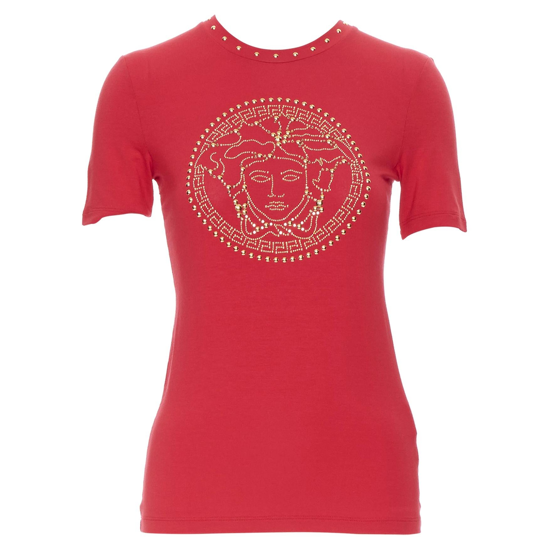 new VERSACE red cotton gold crystal stud embellished Medusa t shirt top IT38 XS