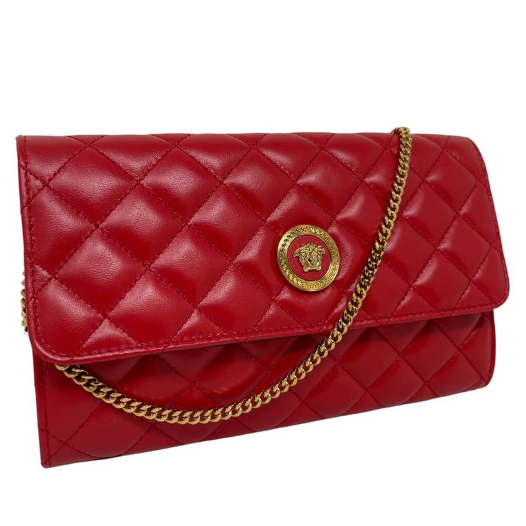 NEW Versace Red Medusa Head Quilted Leather Wallet on Chain