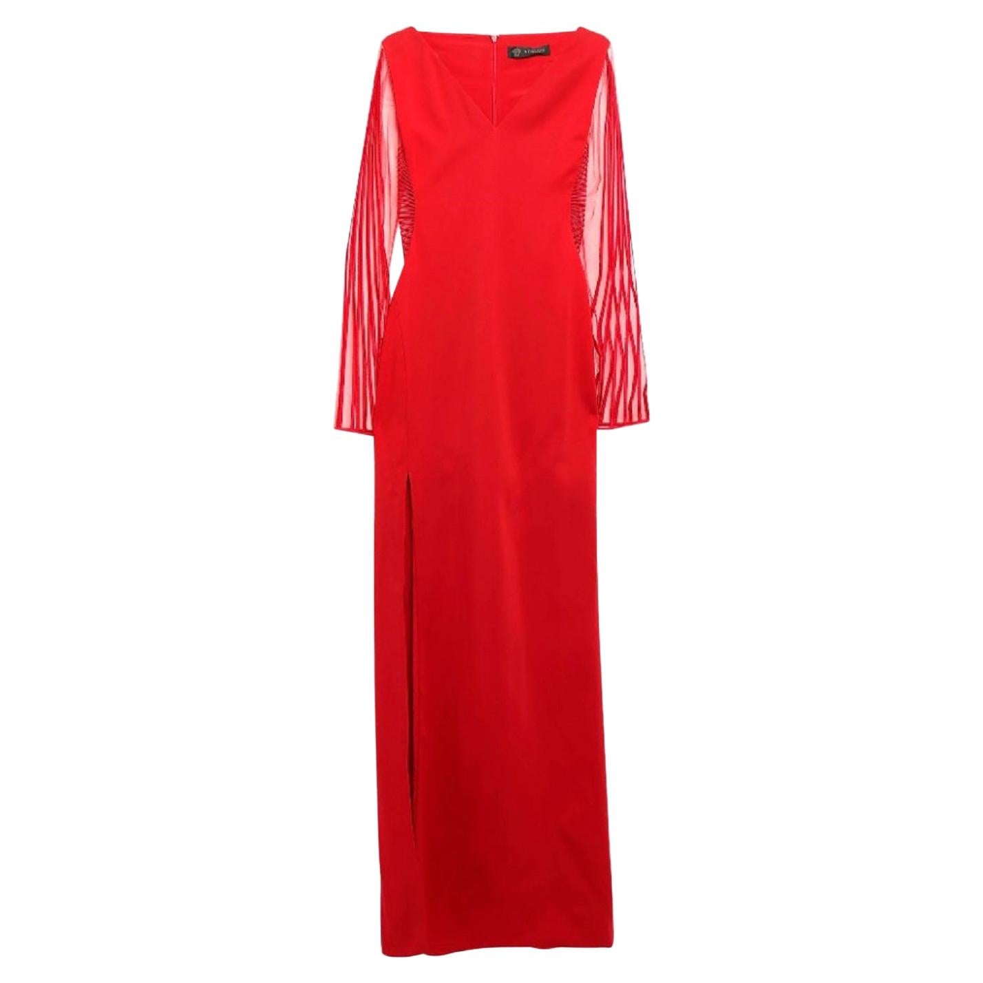 New Versace Red NettedTulle Embroidery High Slit Long Dress Gown It. 44 - US 10  For Sale