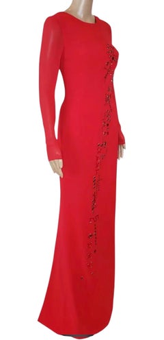 New Versace Red Silk Embellished Gown with Long Sleeves 38 - 2