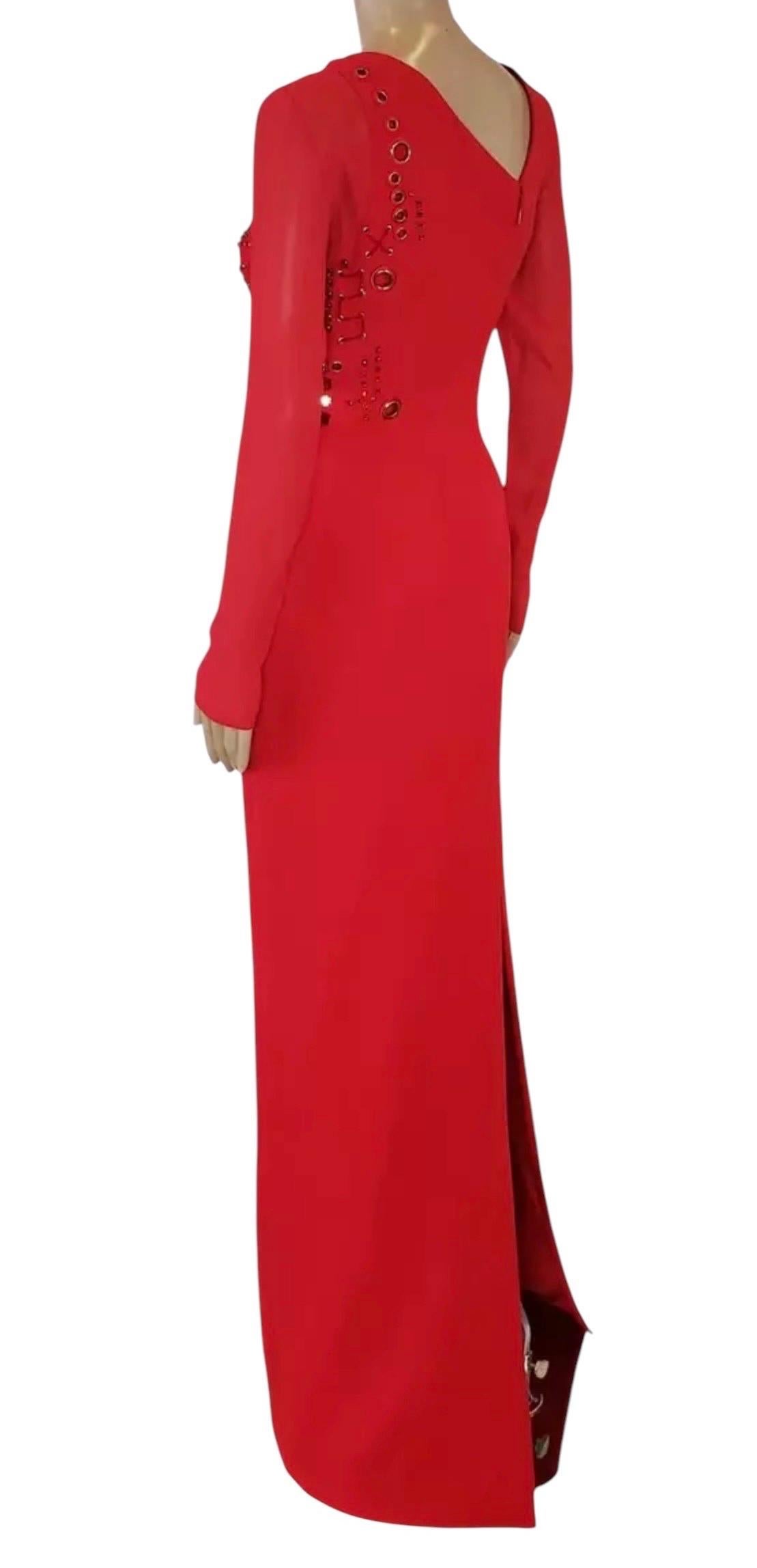 Neu Versace Rotes Seidenkleid mit langen Ärmeln und Verzierungen aus Seide 38 - 2 Damen im Angebot