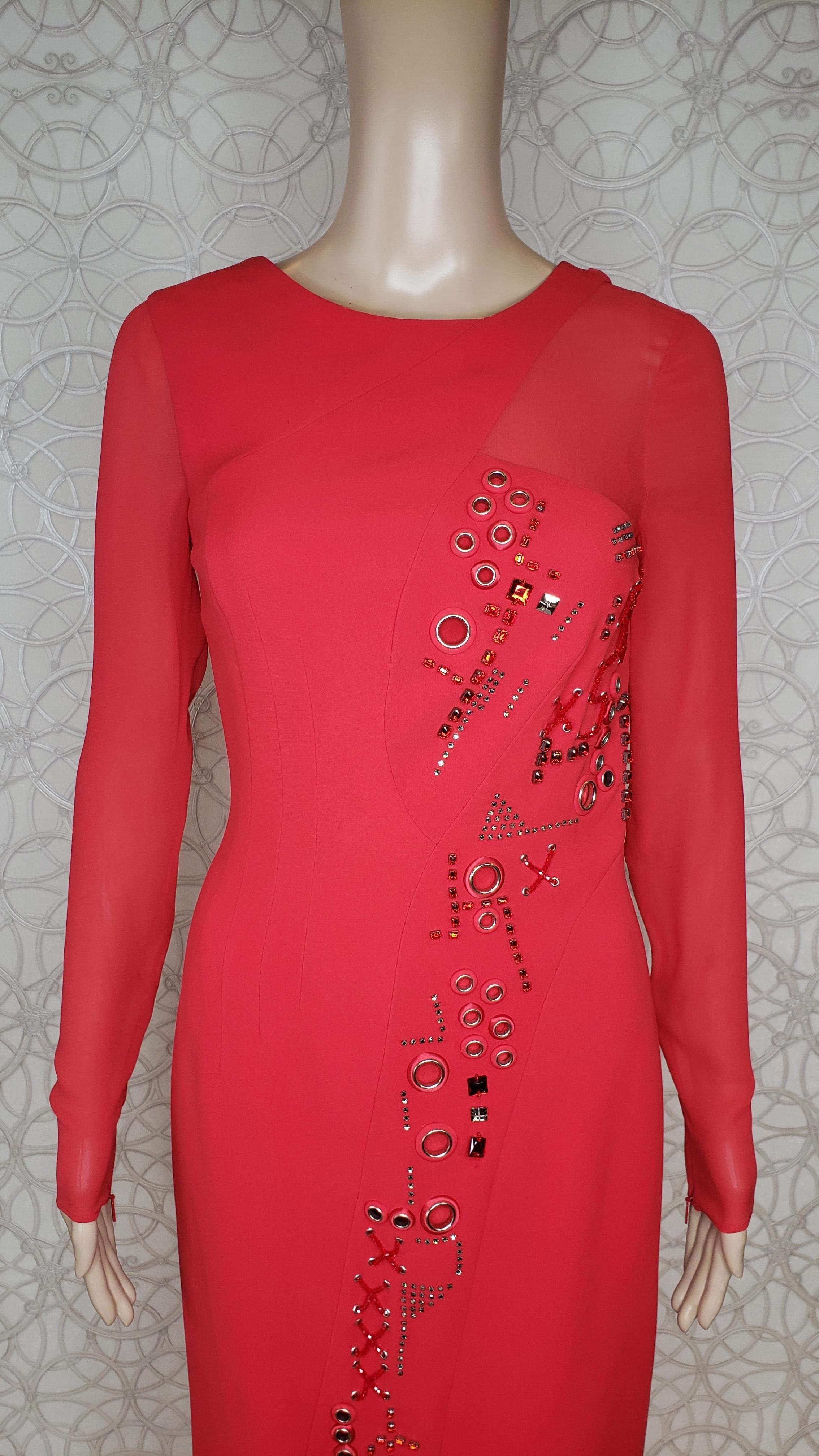NEW VERSACE RED SILK EMBELLISHED GOWN with LONG SLEEVES For Sale 3