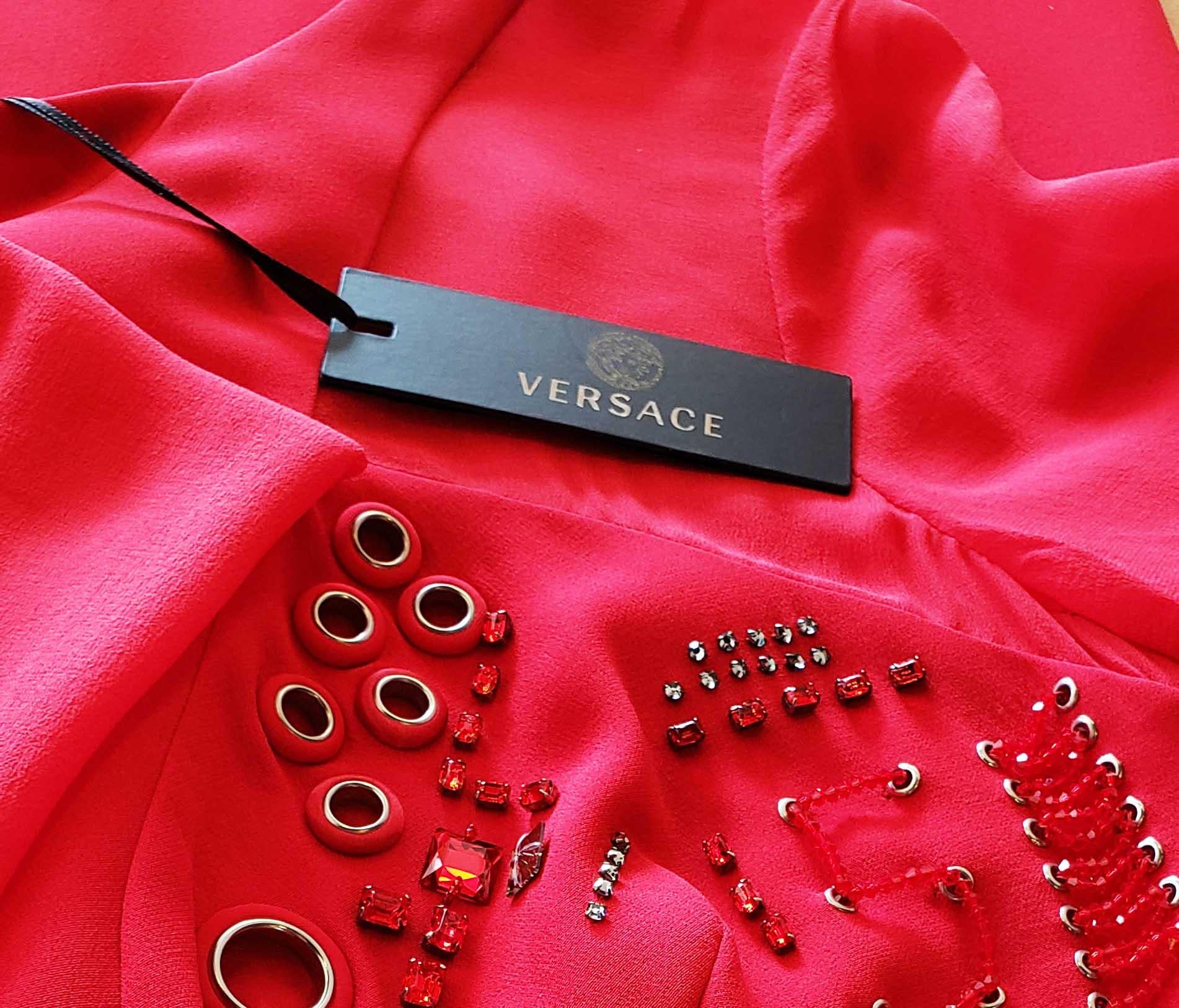 NEW VERSACE RED SILK EMBELLISHED GOWN with LONG SLEEVES For Sale 9