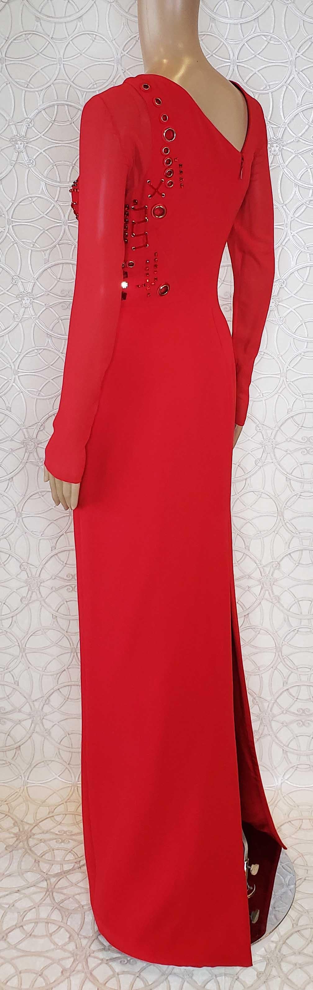 Red NEW VERSACE RED SILK EMBELLISHED GOWN with LONG SLEEVES For Sale