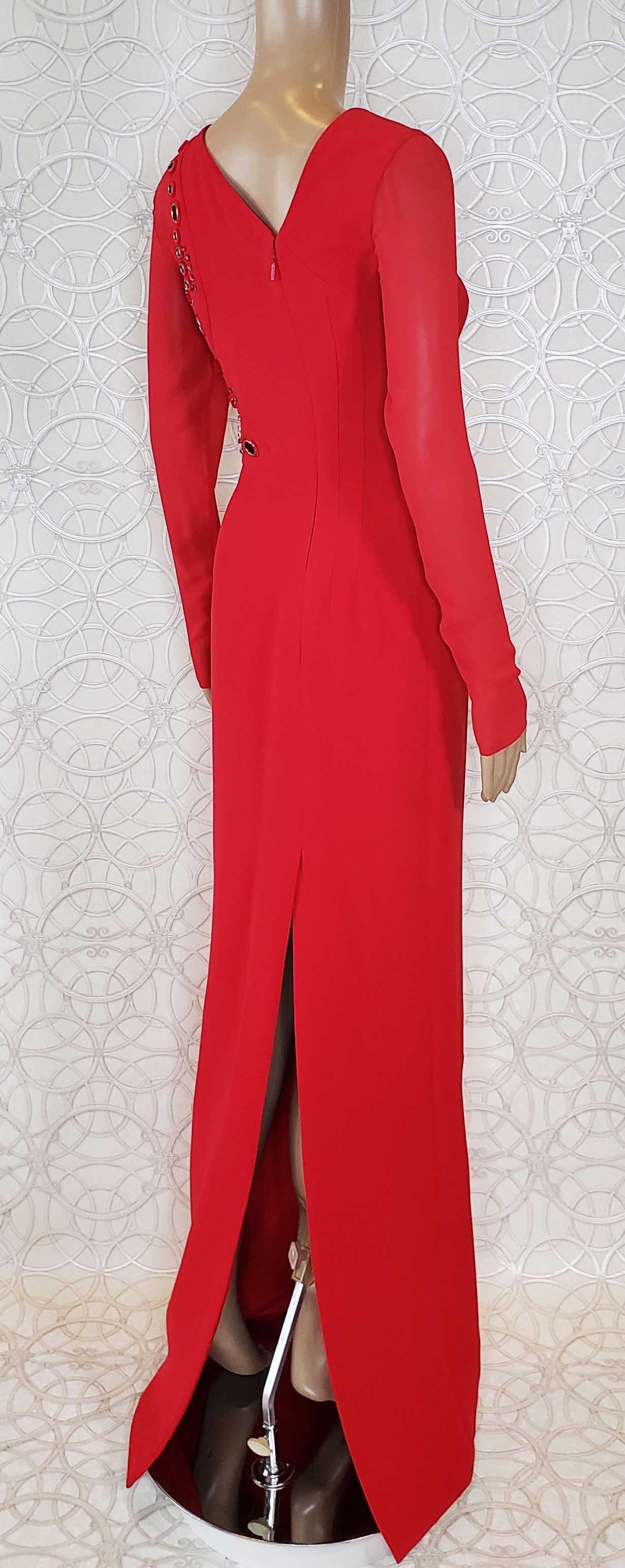NEW VERSACE RED SILK EMBELLISHED GOWN with LONG SLEEVES For Sale 1