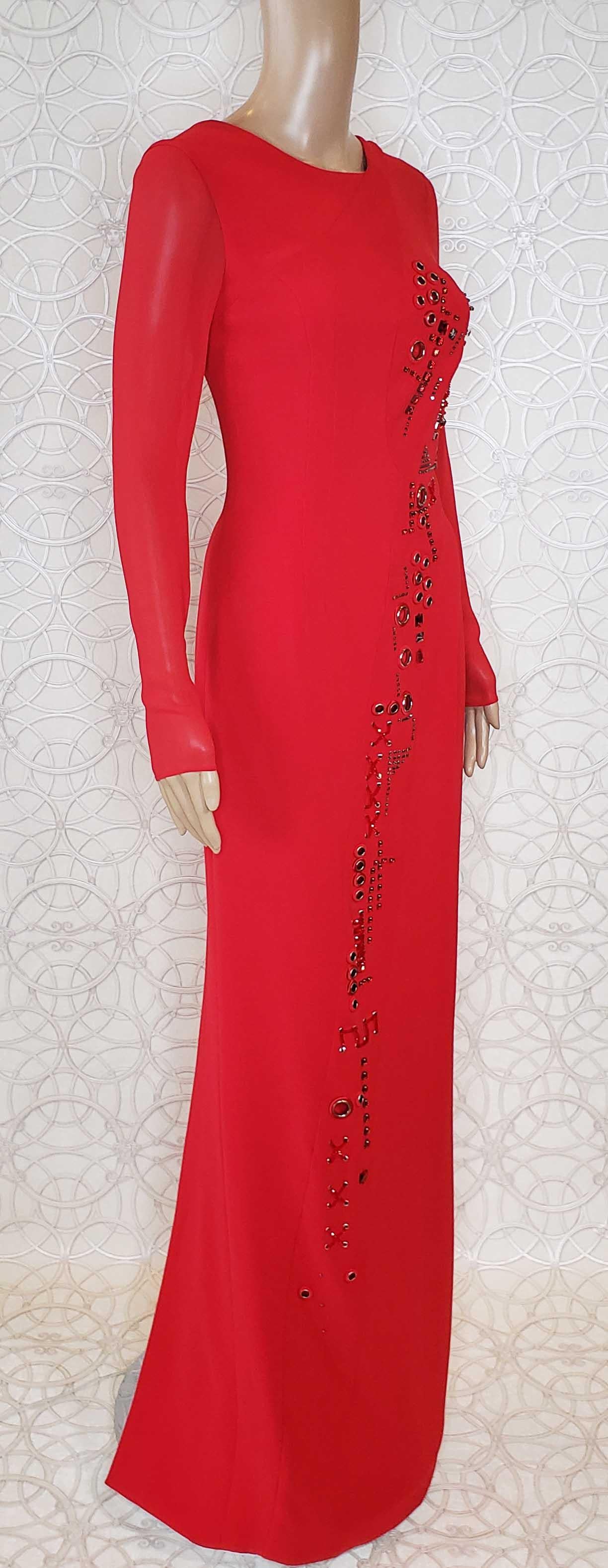 NEW VERSACE RED SILK EMBELLISHED GOWN with LONG SLEEVES For Sale 2