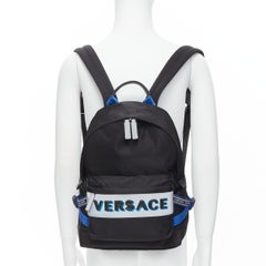 new VERSACE Reflective Logo black nylon blue Greca nylon strap backpack