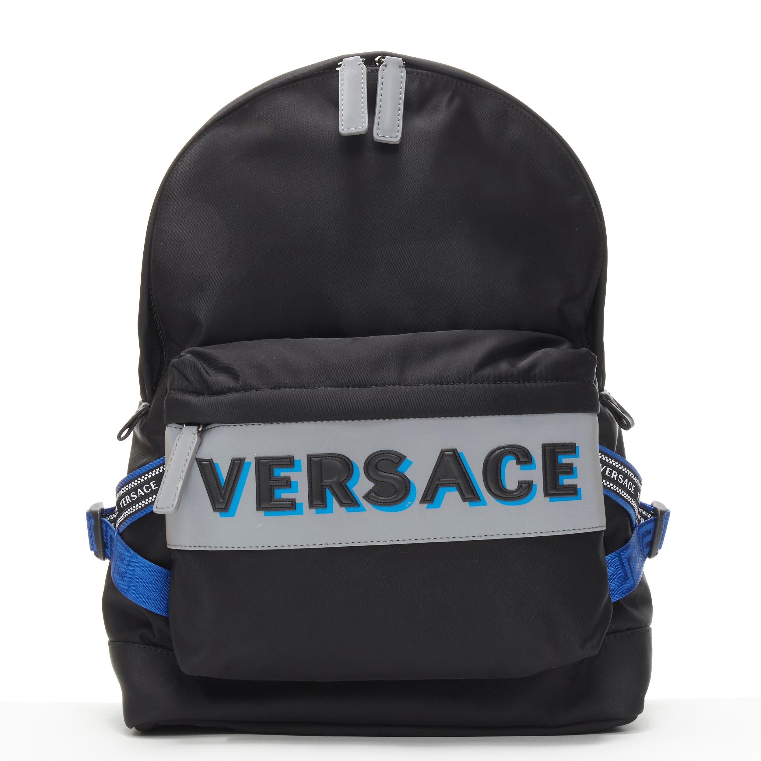 Black new VERSACE Reflective Logo black nylon blue Greca nylon strap backpack
