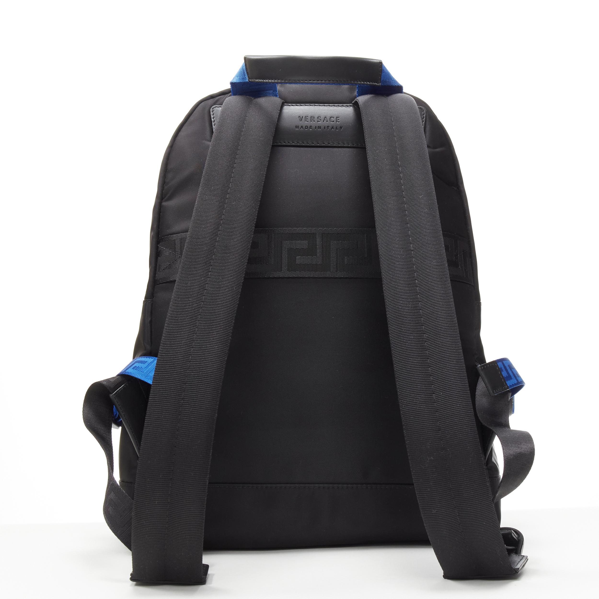 Men's new VERSACE Reflective Logo black nylon blue Greca nylon strap backpack