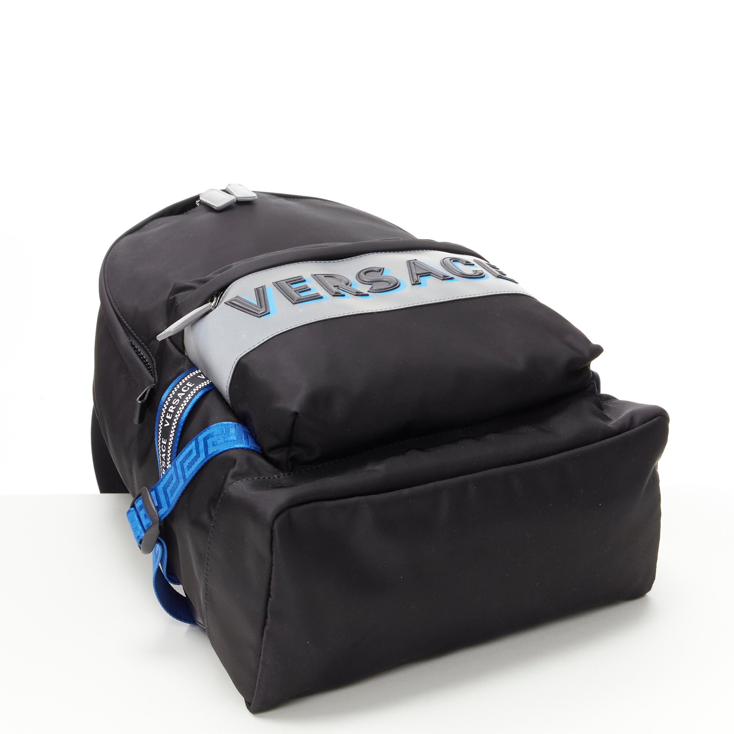 new VERSACE Reflective Logo black nylon blue Greca nylon strap backpack 1