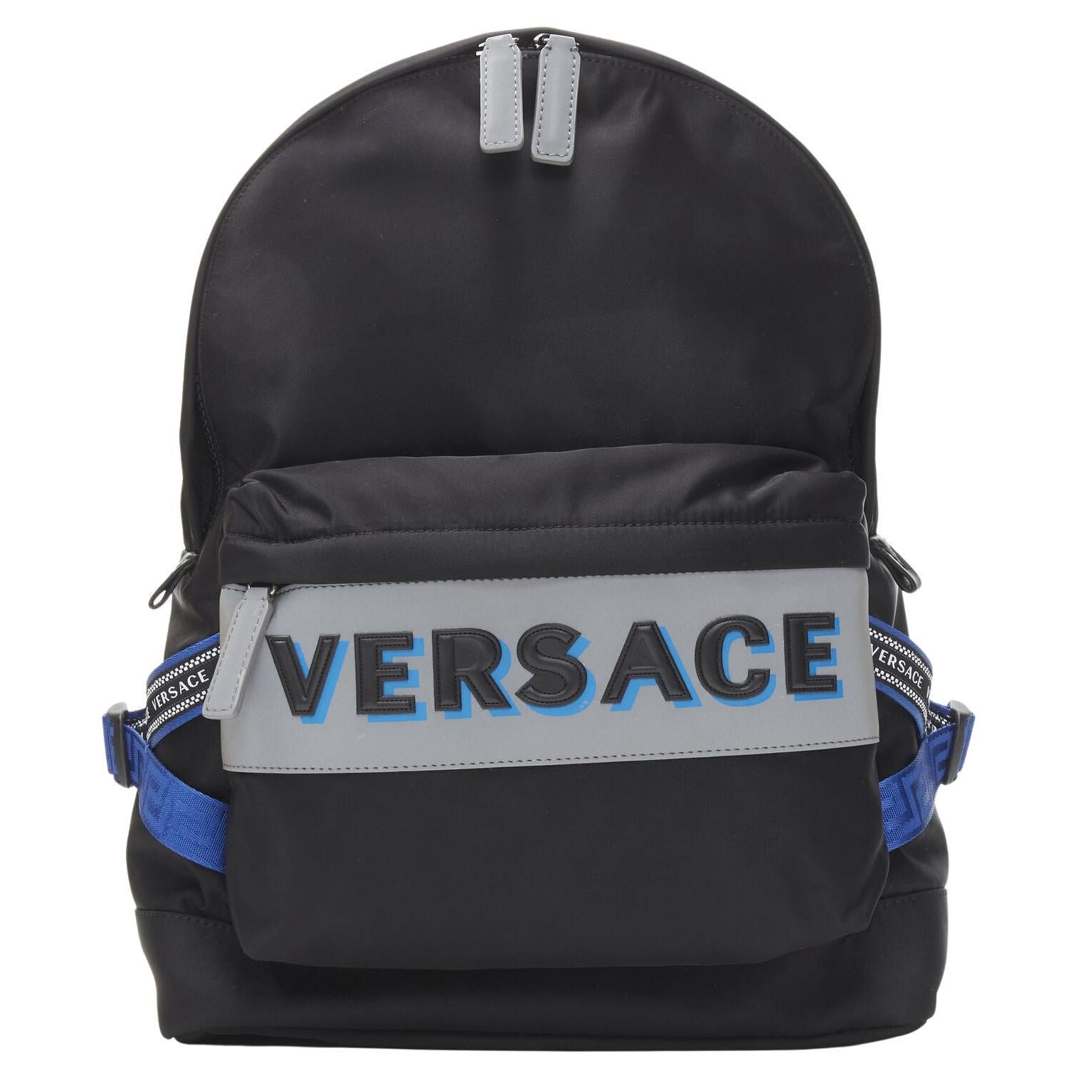 new VERSACE Reflective Logo black nylon blue Greca nylon strap backpack For Sale